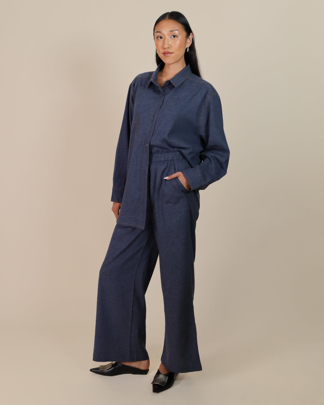 Full-body view of Juana Lyricist Oversized Shirt with matching high-rise pull-on pants for a coordinated, sustainable set.