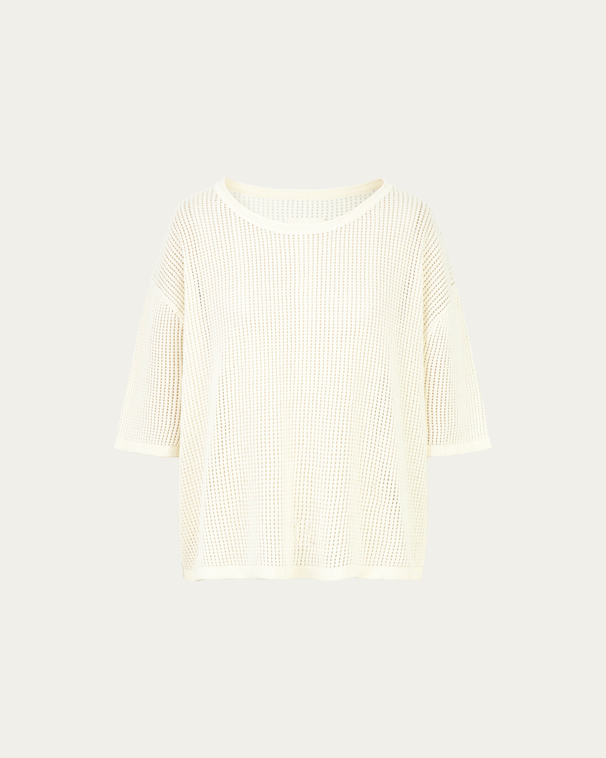 Juana Marina Crochet Tee Cream (sustainable cotton–hemp) ghost front showing boxy silhouette and elbow-length sleeves