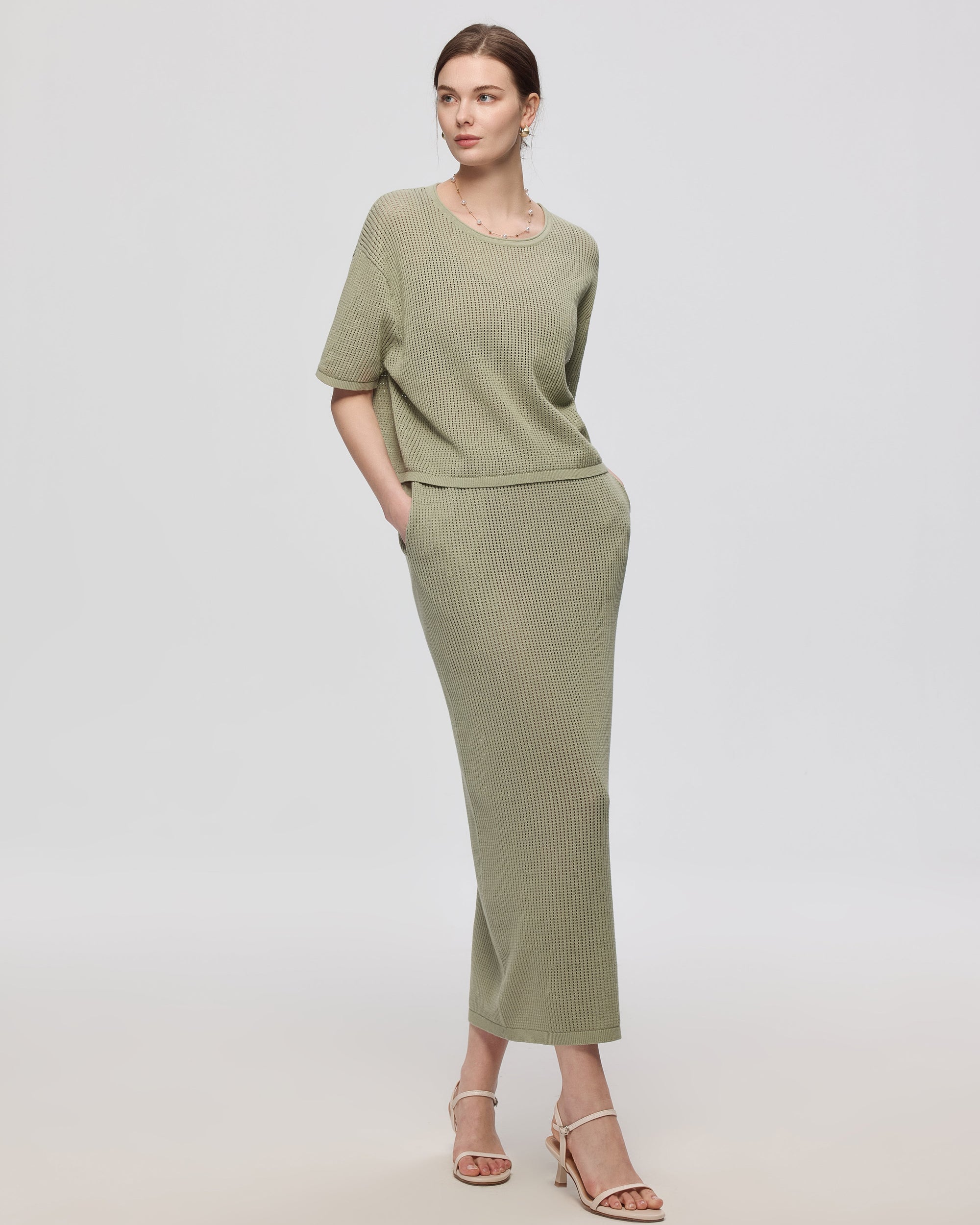 Juana Marina Crochet Tee Sage (sustainable cotton–hemp) complete look showing relaxed drape and breathable crochet knit