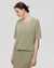 Juana Marina Crochet Tee Sage (sustainable cotton–hemp) on model showing oversized crewneck and boxy fit