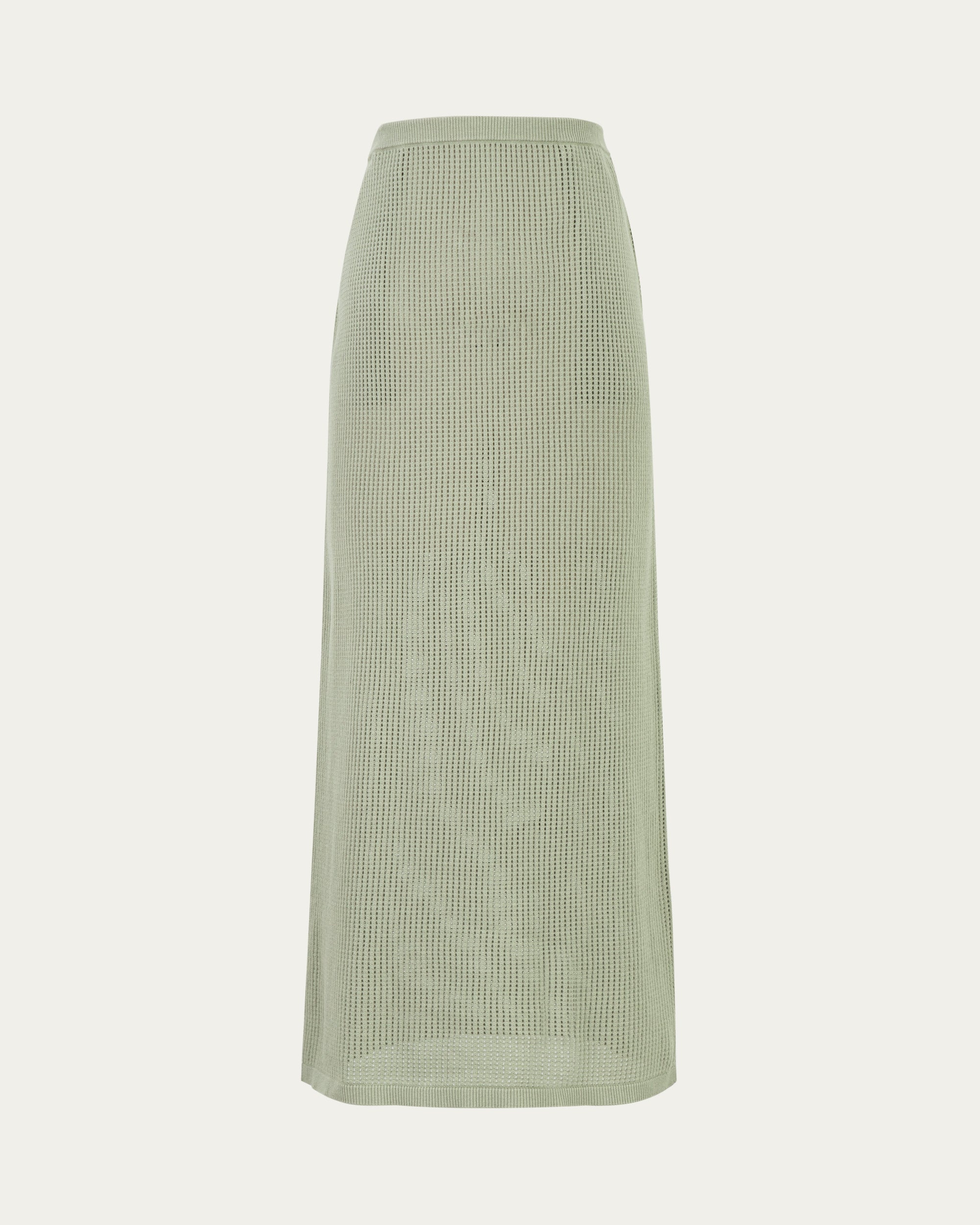 Juana Marina Open Knit Skirt Sage (sustainable cotton–hemp) ghost front showing pull-on silhouette and semi-sheer open knit
