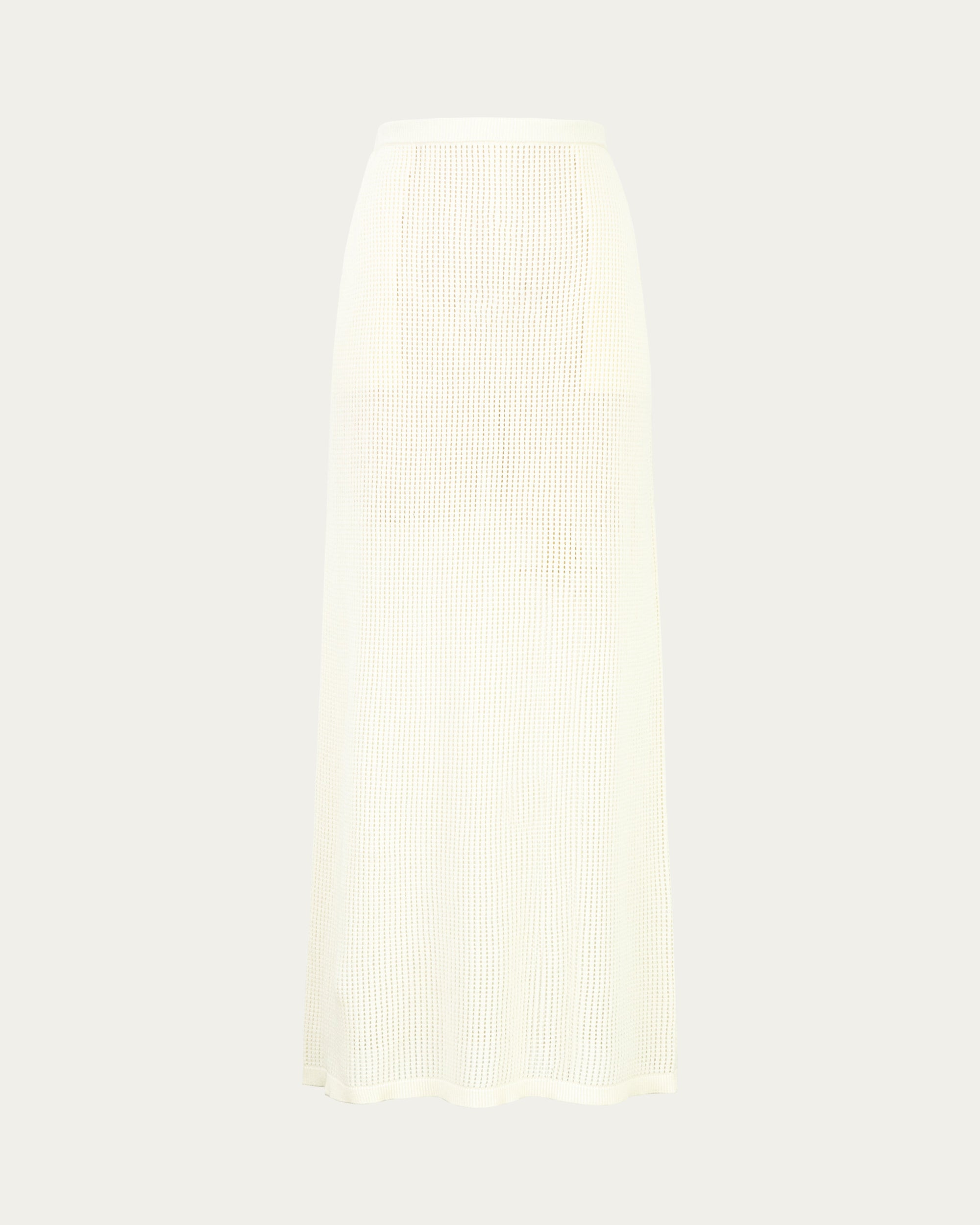 Juana Marina Open Knit Skirt White (sustainable cotton–hemp) ghost front showing pull-on silhouette and semi-sheer open knit