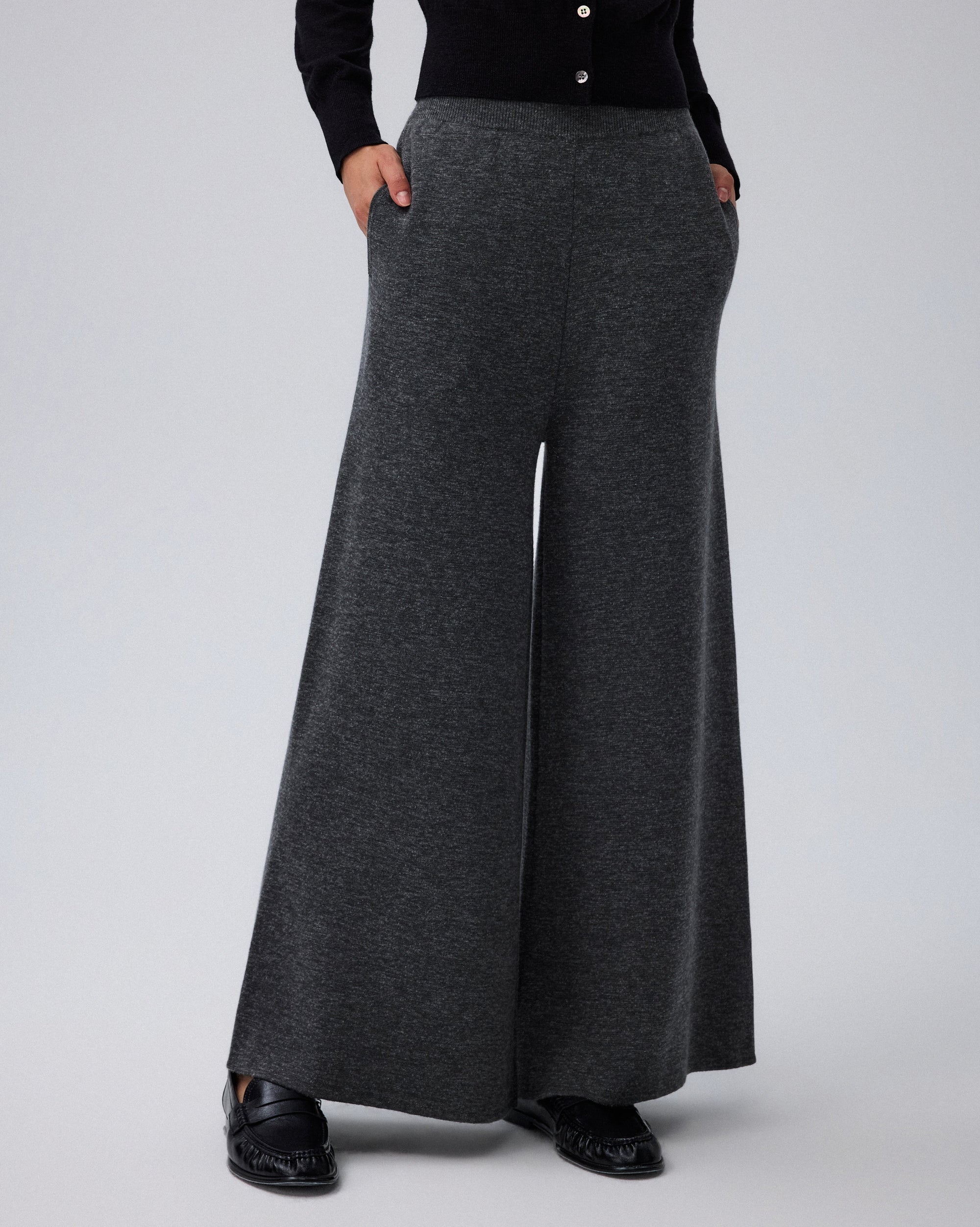 Juana Mid-Rise Cropped Pants in Charcoal (merino wool–hemp–silk) shown in a close-up featuring the hidden side pocket and knit texture.