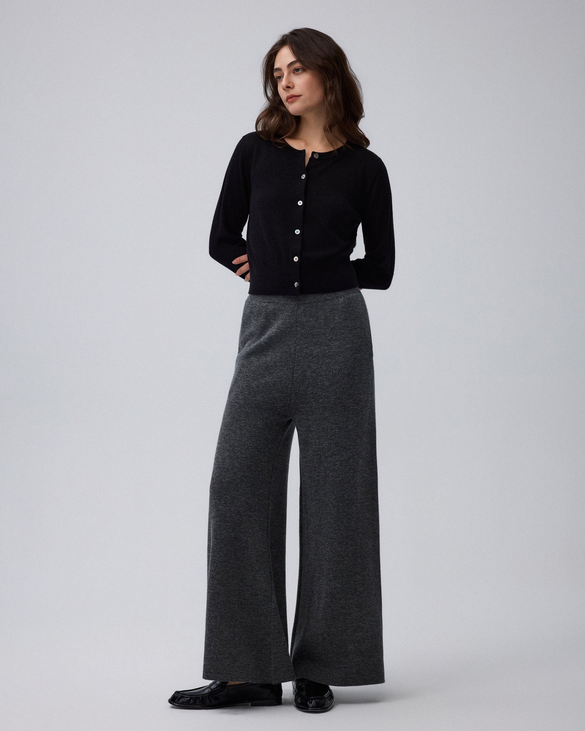 Juana Mid-Rise Cropped Pants in Charcoal (merino wool–hemp–silk) styled with a fitted knit to highlight the pull-on waist.