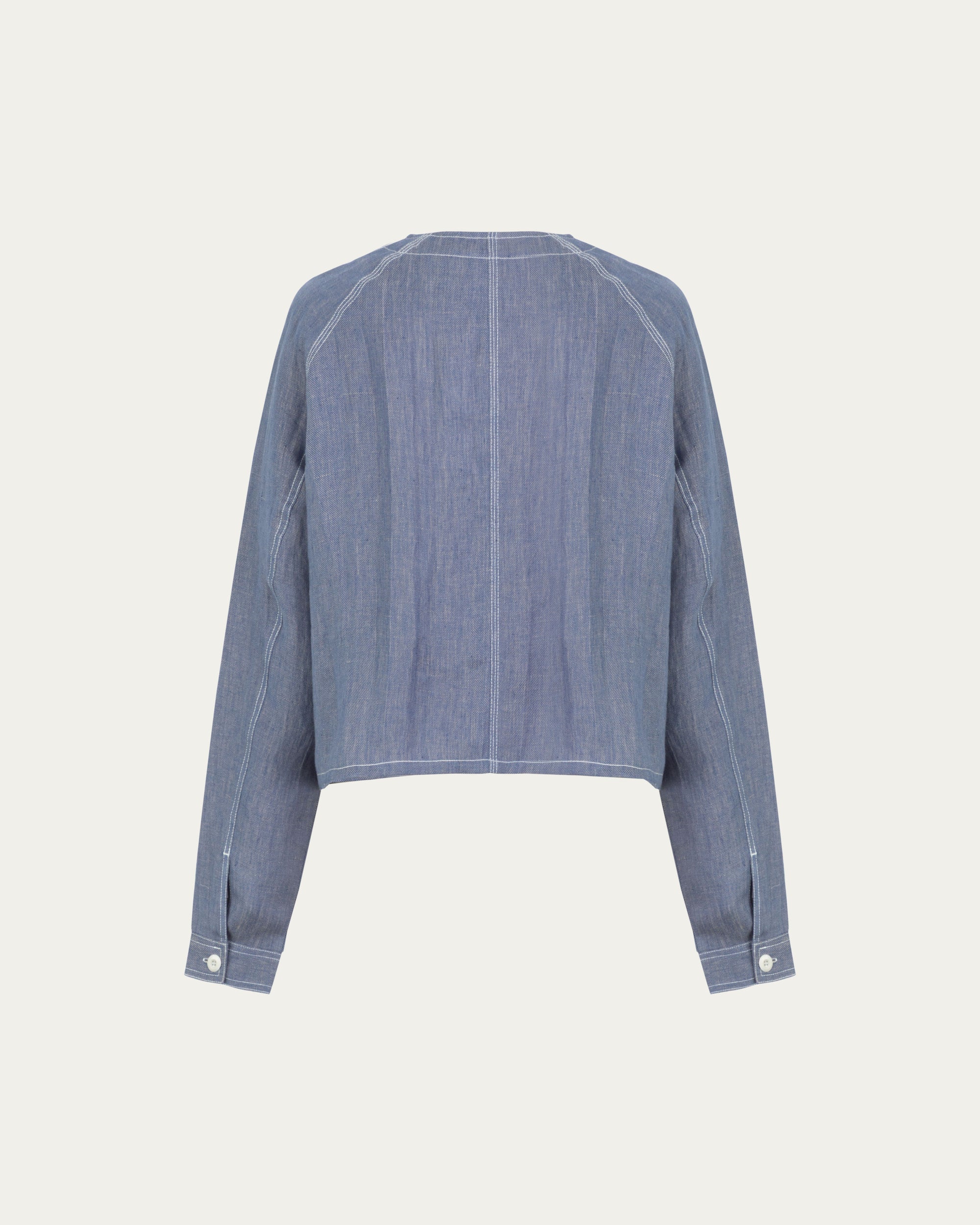 Juana Mira Boxy Jacket Steel blue (linen–hemp) ghost back showing relaxed drape and clean back finish