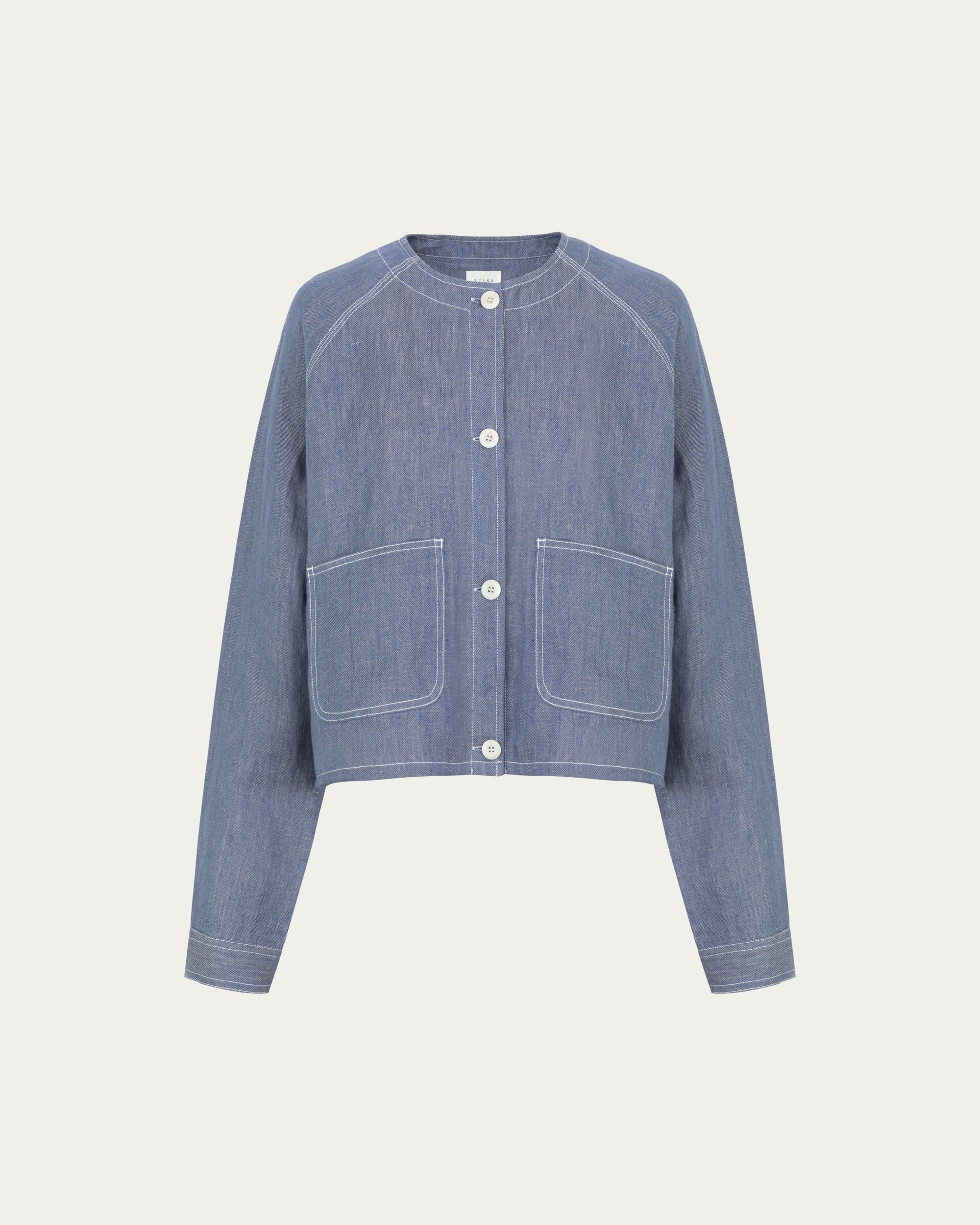 Juana Mira Boxy Jacket Steel blue (linen–hemp) ghost front showing boxy silhouette and front pocket placement