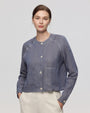 Juana Mira Boxy Jacket Steel blue (linen–hemp) on model showing lightweight boxy fit and easy layering