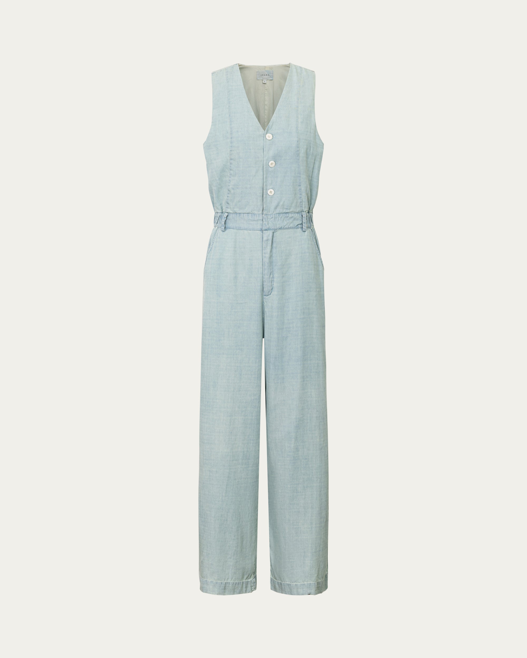 Juana Nahla Jumpsuit chambray blue (tencel–cotton–hemp) ghost front showing tailored V-neck and clean bodice