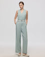 Juana Nahla Jumpsuit chambray blue (tencel–cotton–hemp) on model showing wide leg silhouette and tailored V-neck