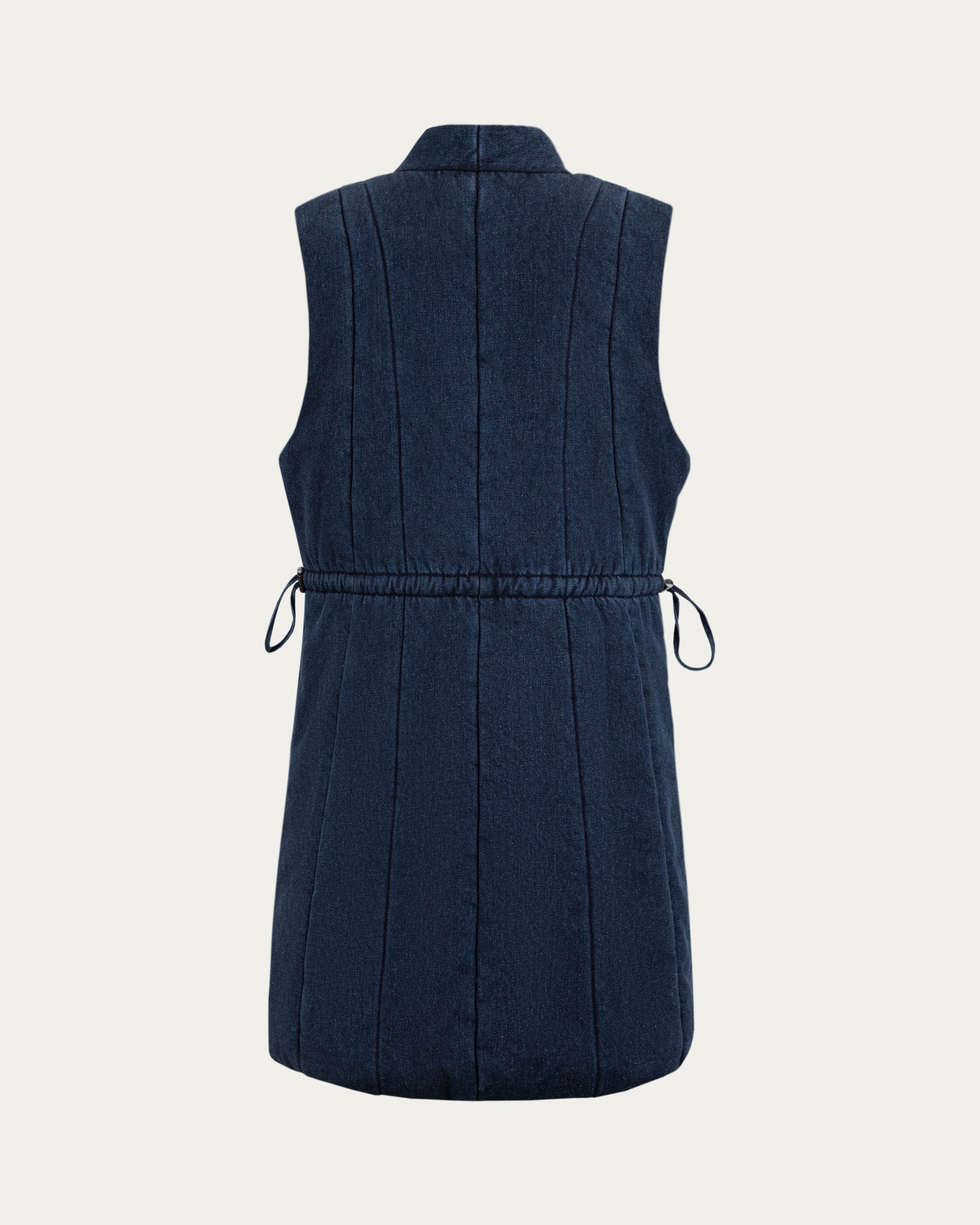 Juana Natural Fill Puffer Vest Dark Wash (organic cotton–hemp) ghost back view showing the relaxed quilted shape