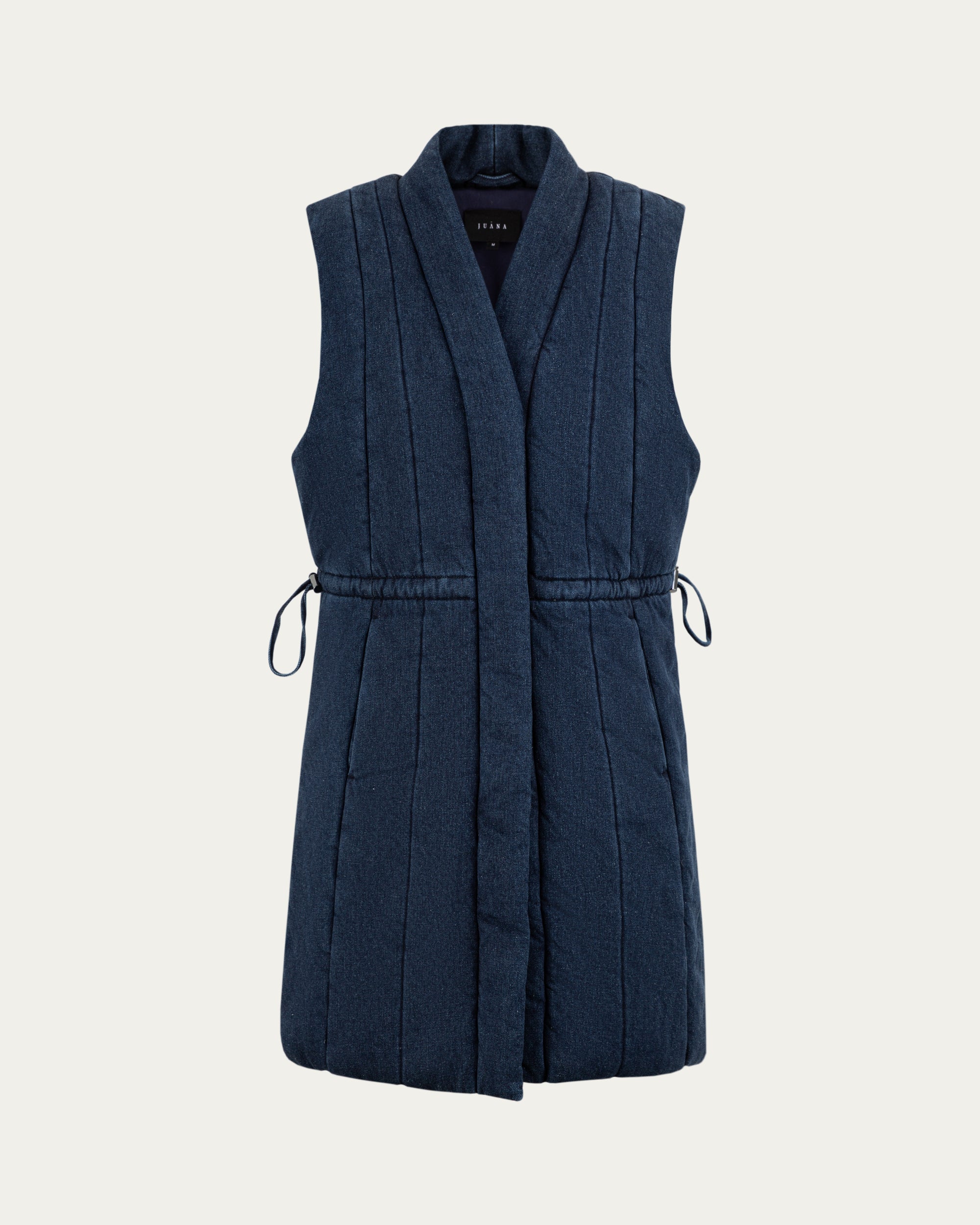 Juana Natural Fill Puffer Vest Dark Wash (organic cotton–hemp) ghost front view showing the snap closure and adjustable waist
