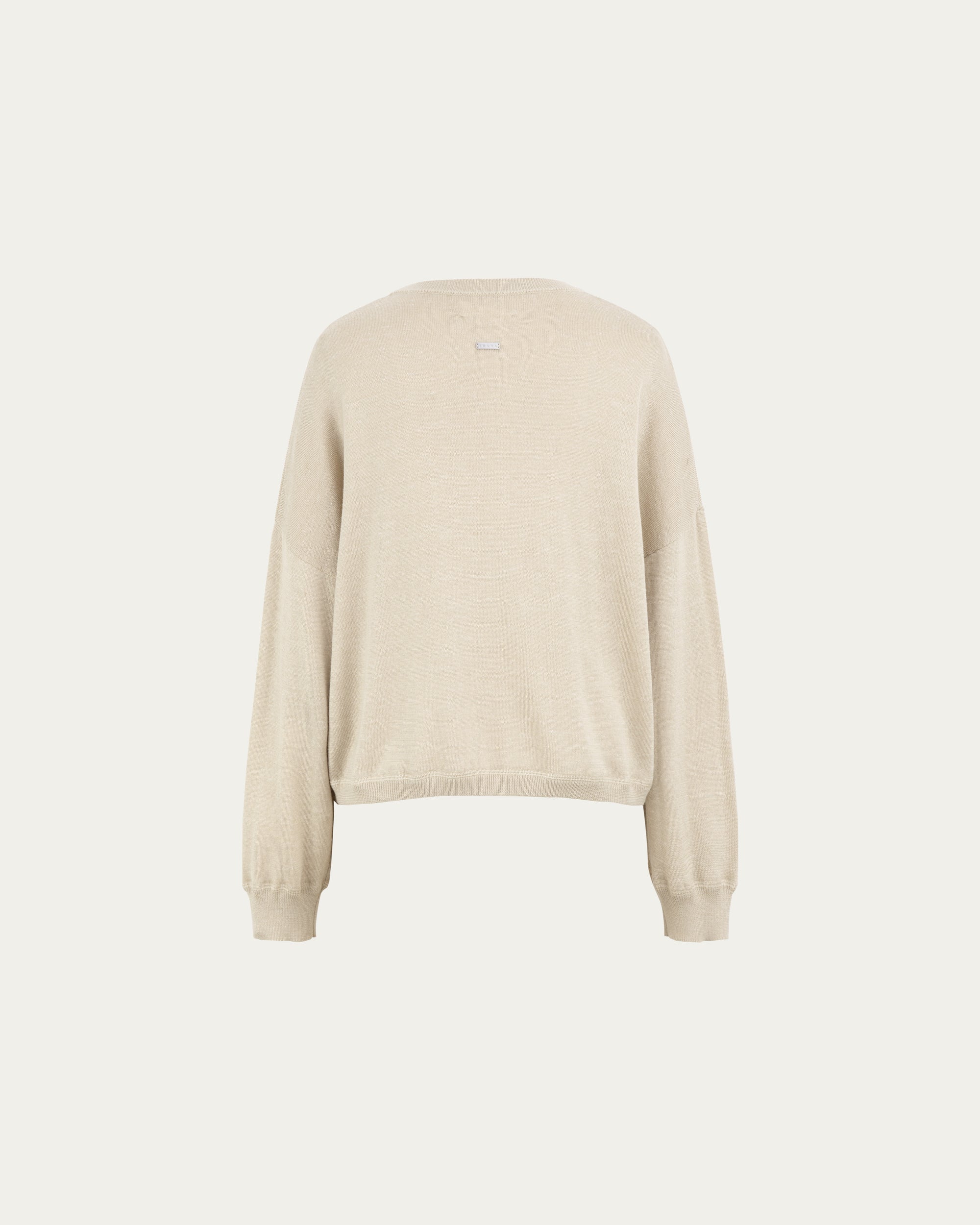 Nilo Knitted Hemp Crewneck (beige) on ghost mannequin, back view showing smooth knit and silhouette.
