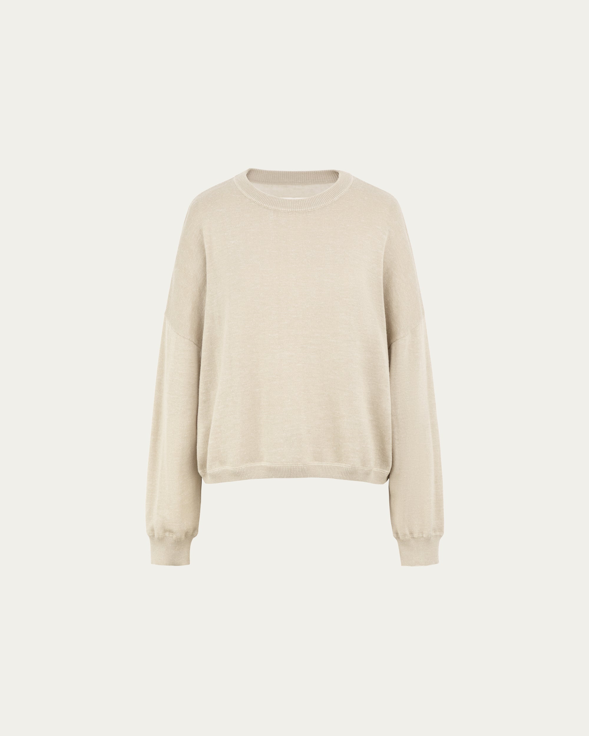 Nilo Knitted Hemp Crewneck (beige) on ghost mannequin, front view highlighting classic neckline and drape.