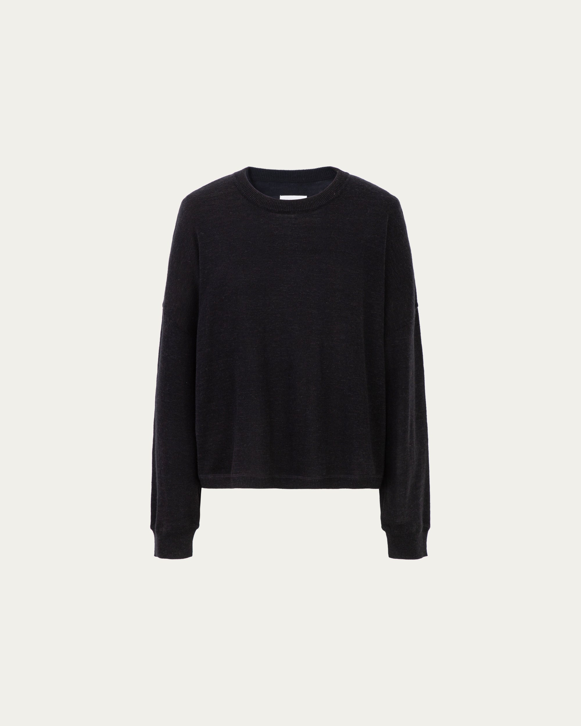 Nilo Knitted Hemp Crewneck (black) on ghost mannequin, front view highlighting classic neckline and drape.