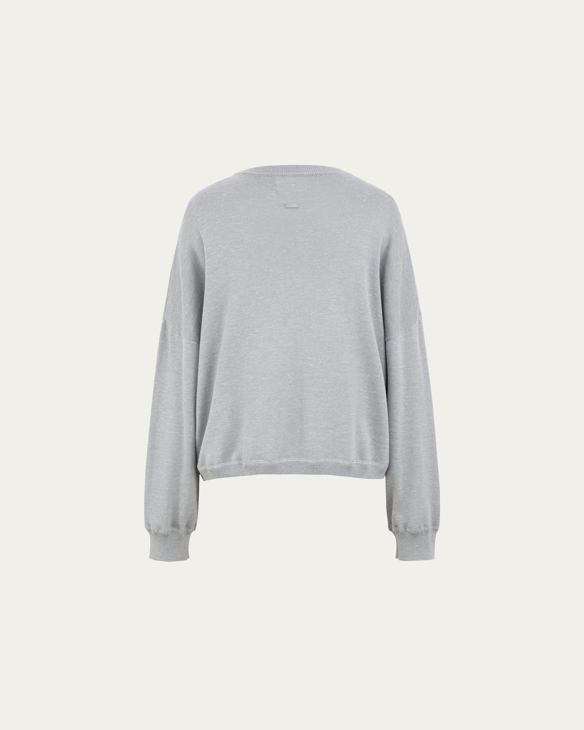 Nilo Knitted Hemp Crewneck (heather gray) on ghost mannequin, back view showing smooth knit and silhouette.
