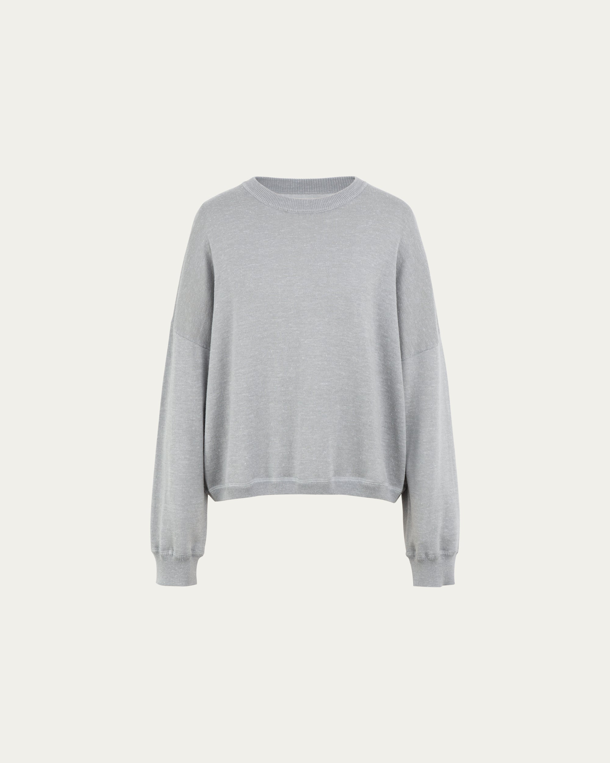Nilo Knitted Hemp Crewneck (heather gray) on ghost mannequin, front view highlighting classic neckline and drape.