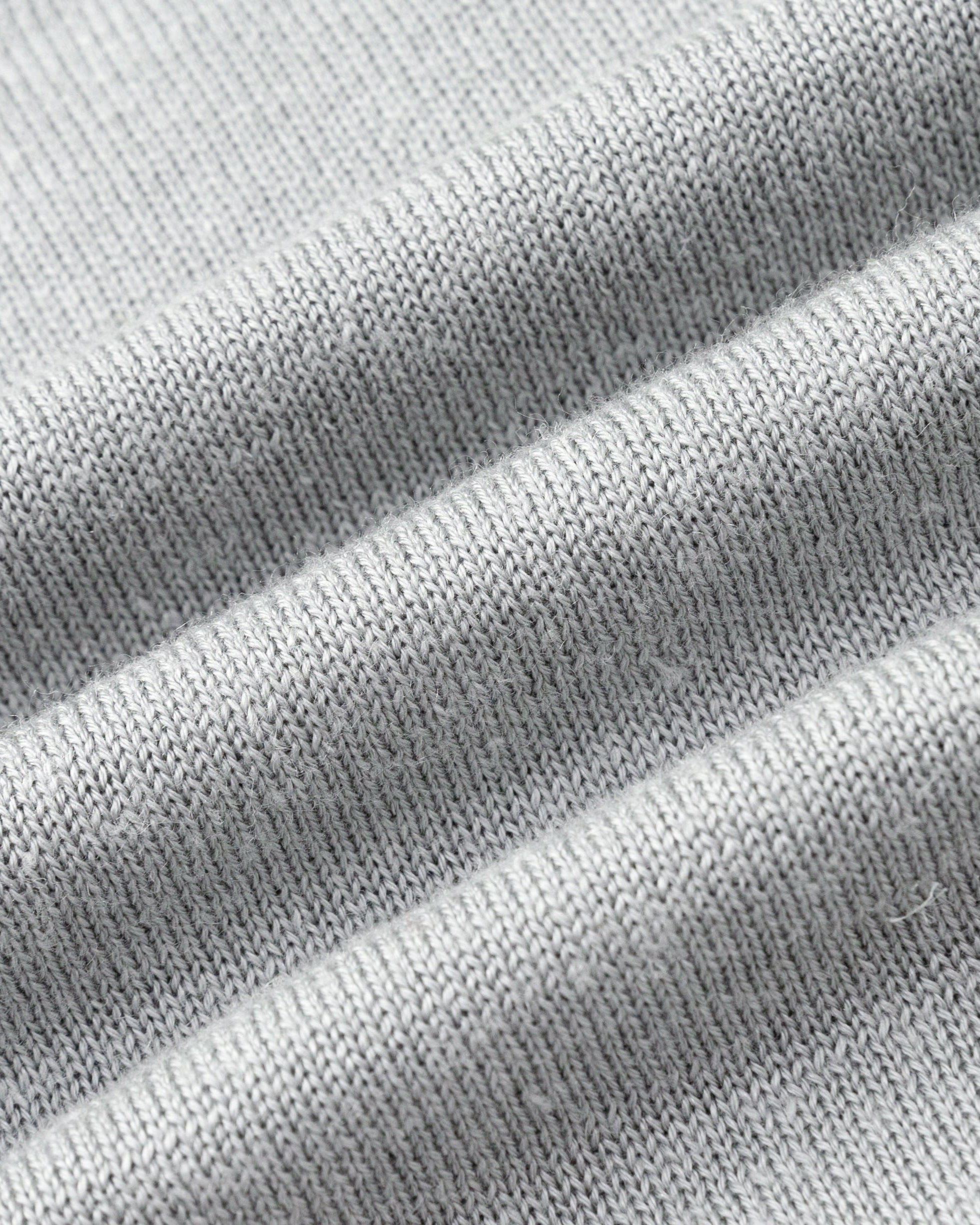 Close-up of merino–silk–hemp knit of Nilo Crewneck (heather gray), highlighting soft, breathable texture.
