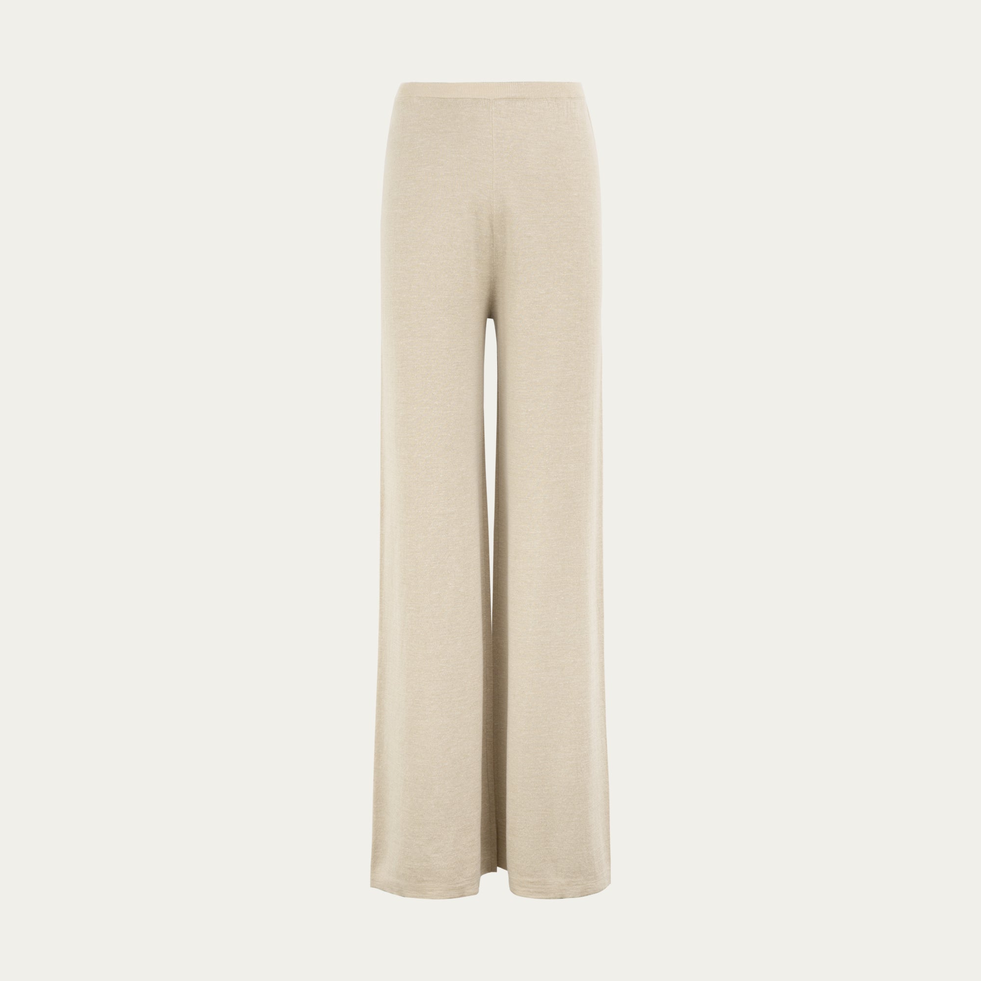 Nilo Knitted Hemp Pull-on Pants (beige) on ghost mannequin, front view highlighting high-rise waistband and relaxed leg.