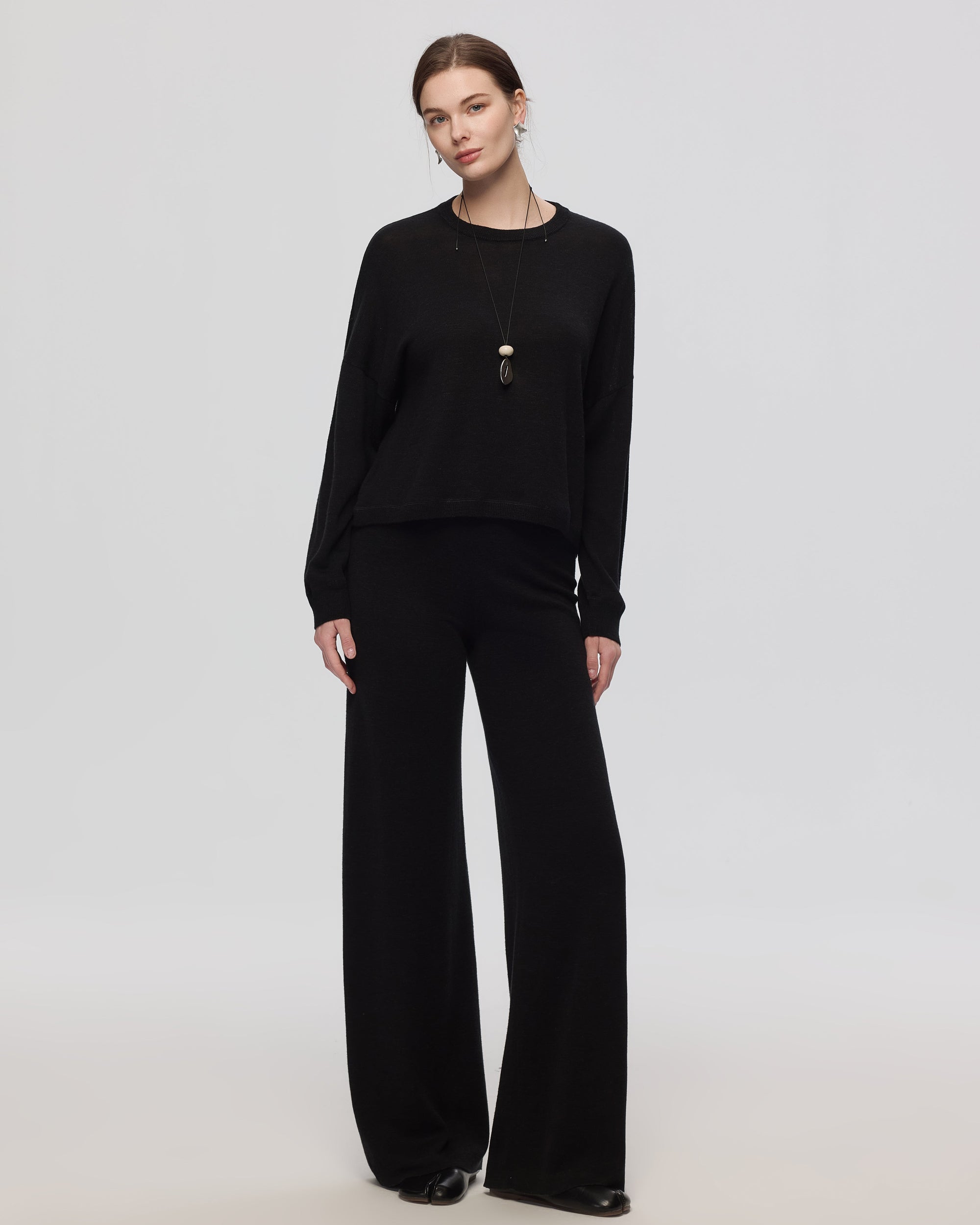 Full-body view of Nilo Knitted Hemp Pull-On Pants (black) 