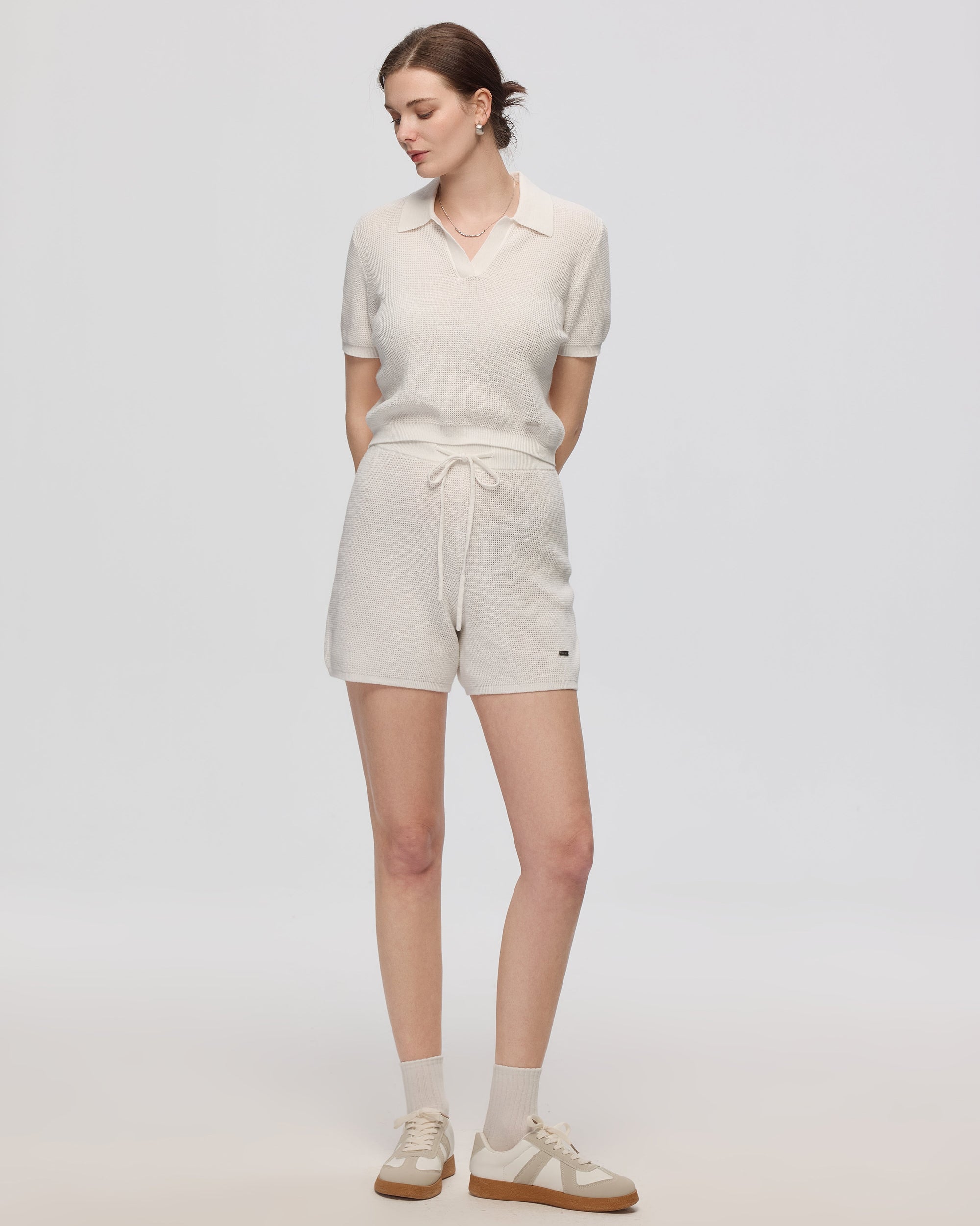 Juana Noa Open Knit Shorts cream
 (cotton–hemp) model main showing relaxed fit and elastic waistband