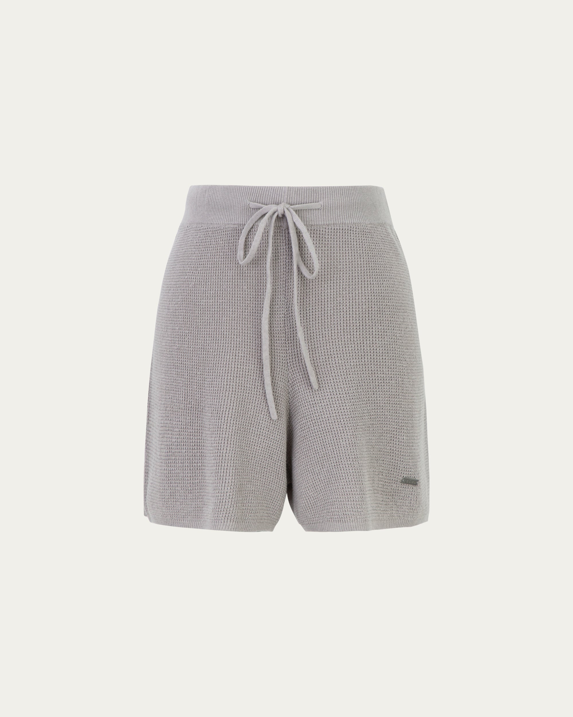 Juana Noa Open Knit Shorts light gray (cotton–hemp) ghost front showing pull-on shape and relaxed leg
