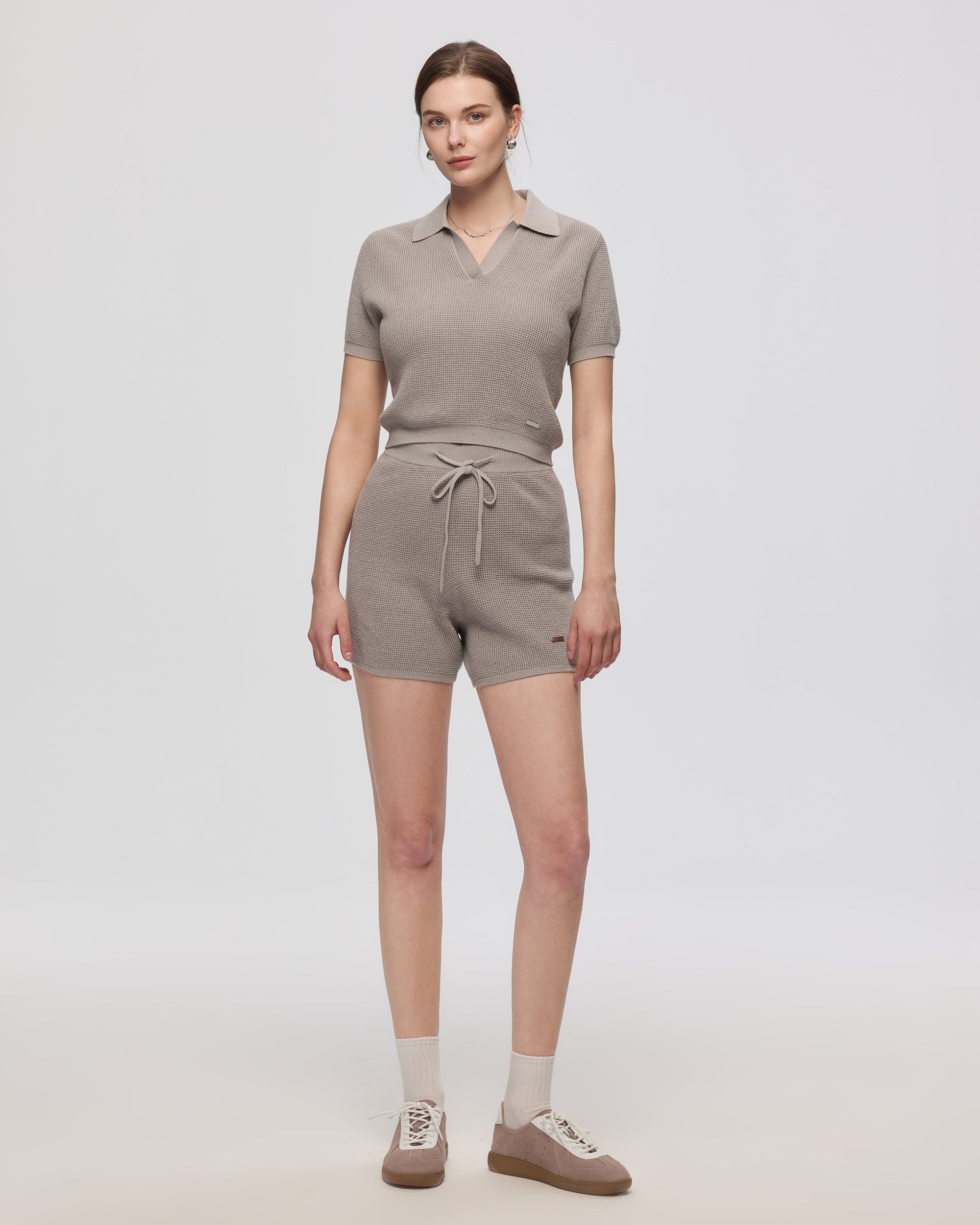 Juana Noa Open Knit Shorts light gray (cotton–hemp) complete look showing set styling and airy knit texture