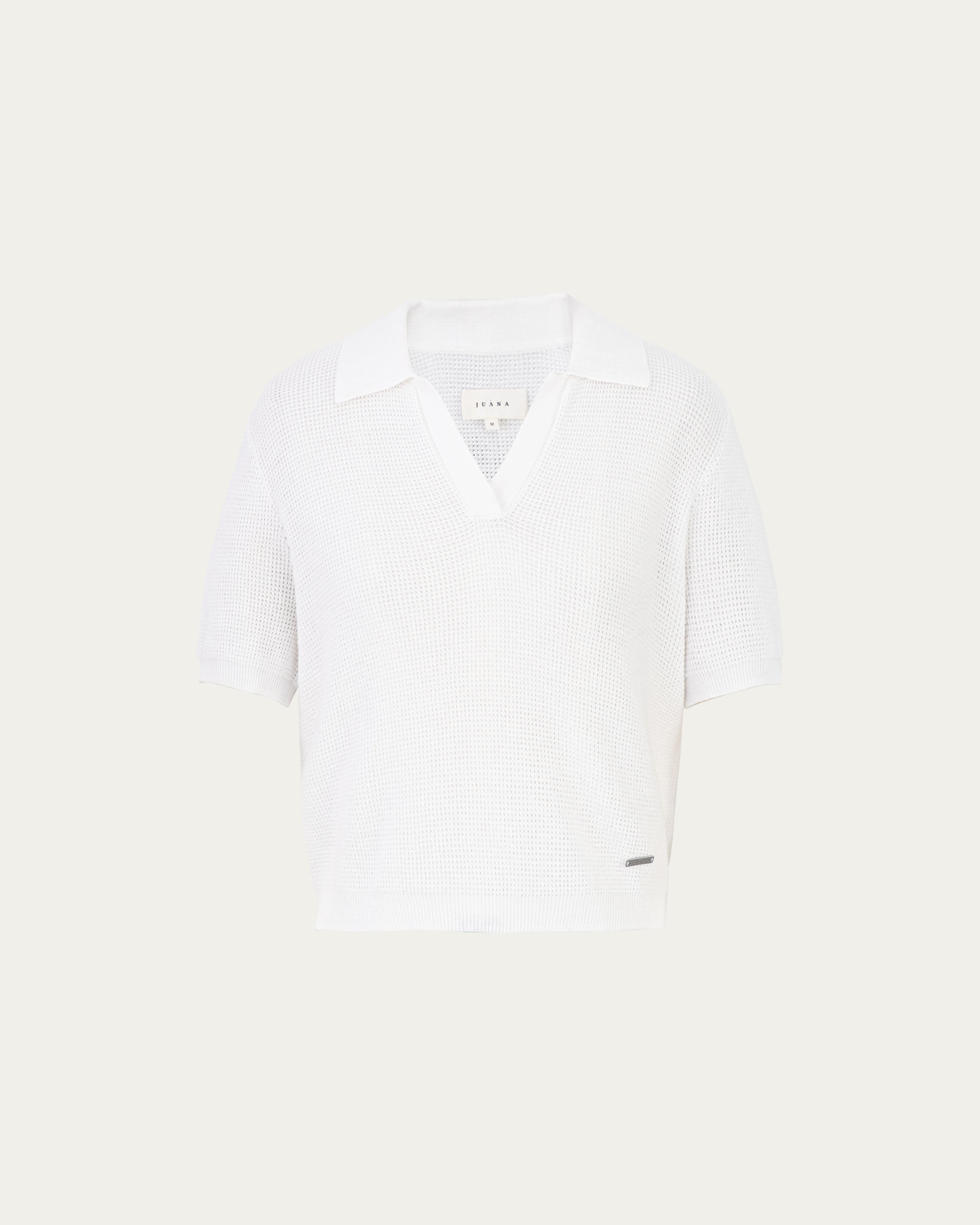 Juana Noa Open Knit Top cream (sustainable cotton–hemp) ghost front view featuring cropped silhouette and collar