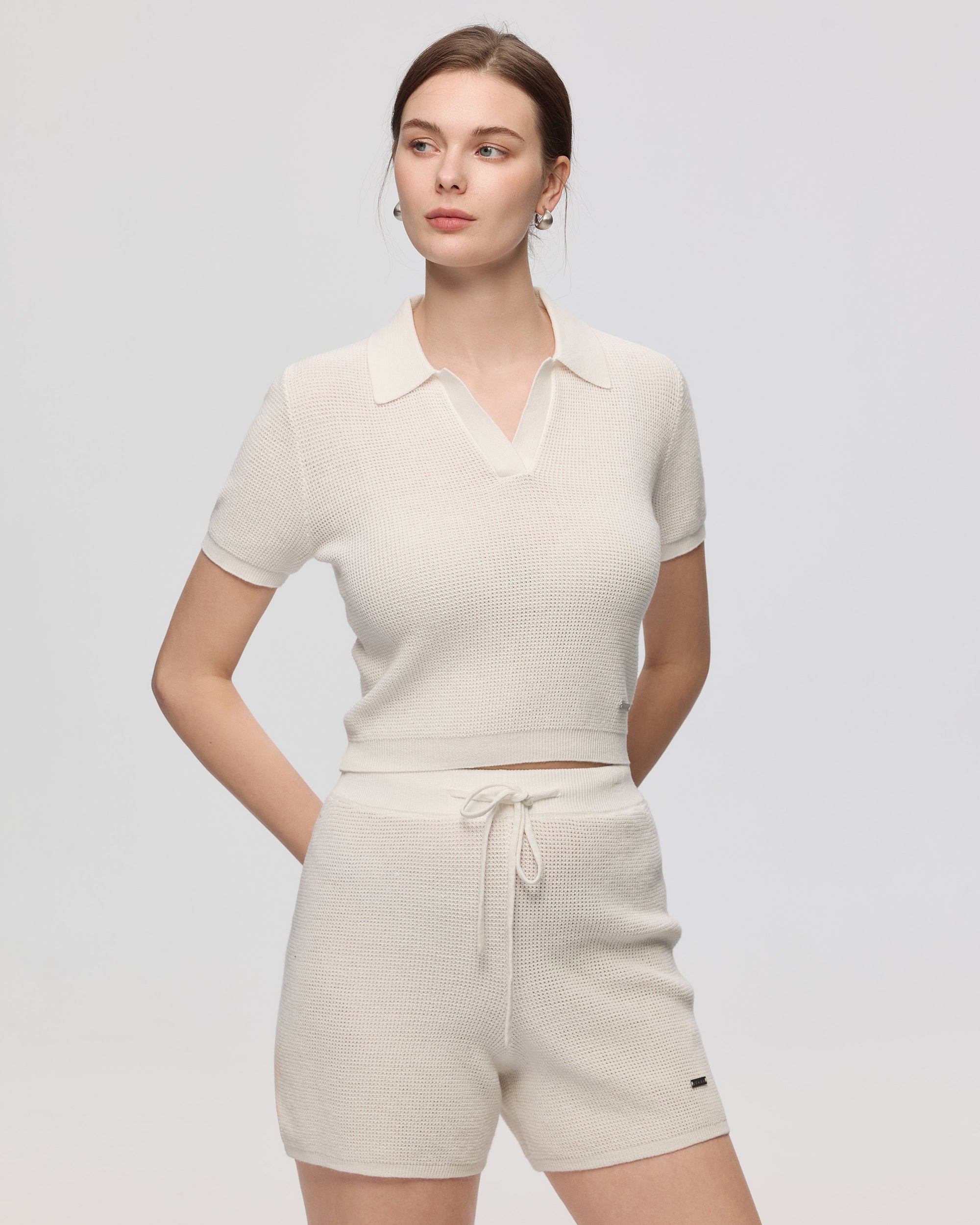 Juana Noa Open Knit Top cream (sustainable cotton–hemp) styled look highlighting cropped fit and airy knit