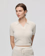 Juana Noa Open Knit Top cream (sustainable cotton–hemp) on model featuring Johnny collar and open-knit texture