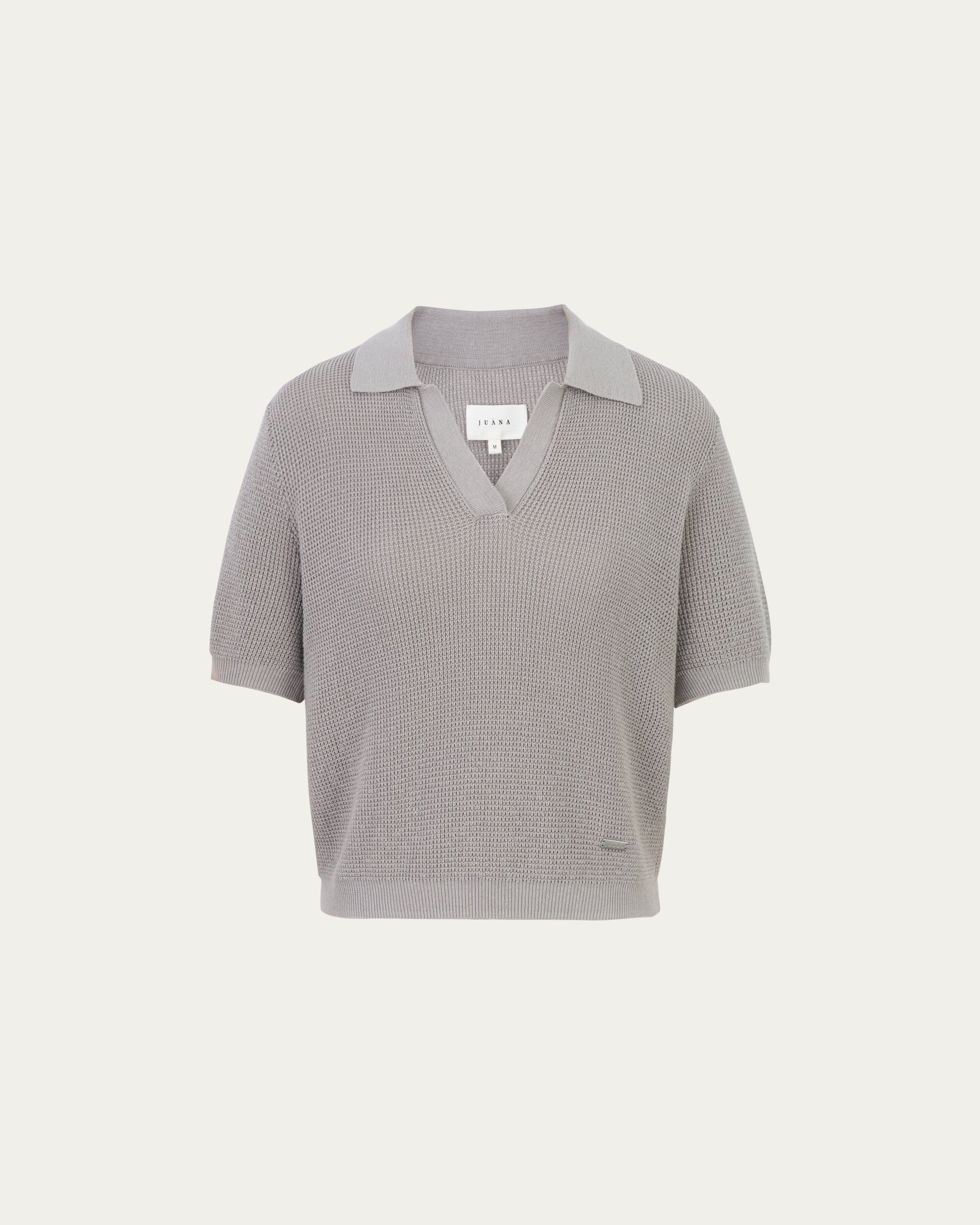 Juana Noa Open Knit Top light gray (sustainable cotton–hemp) ghost front view featuring cropped silhouette and collar