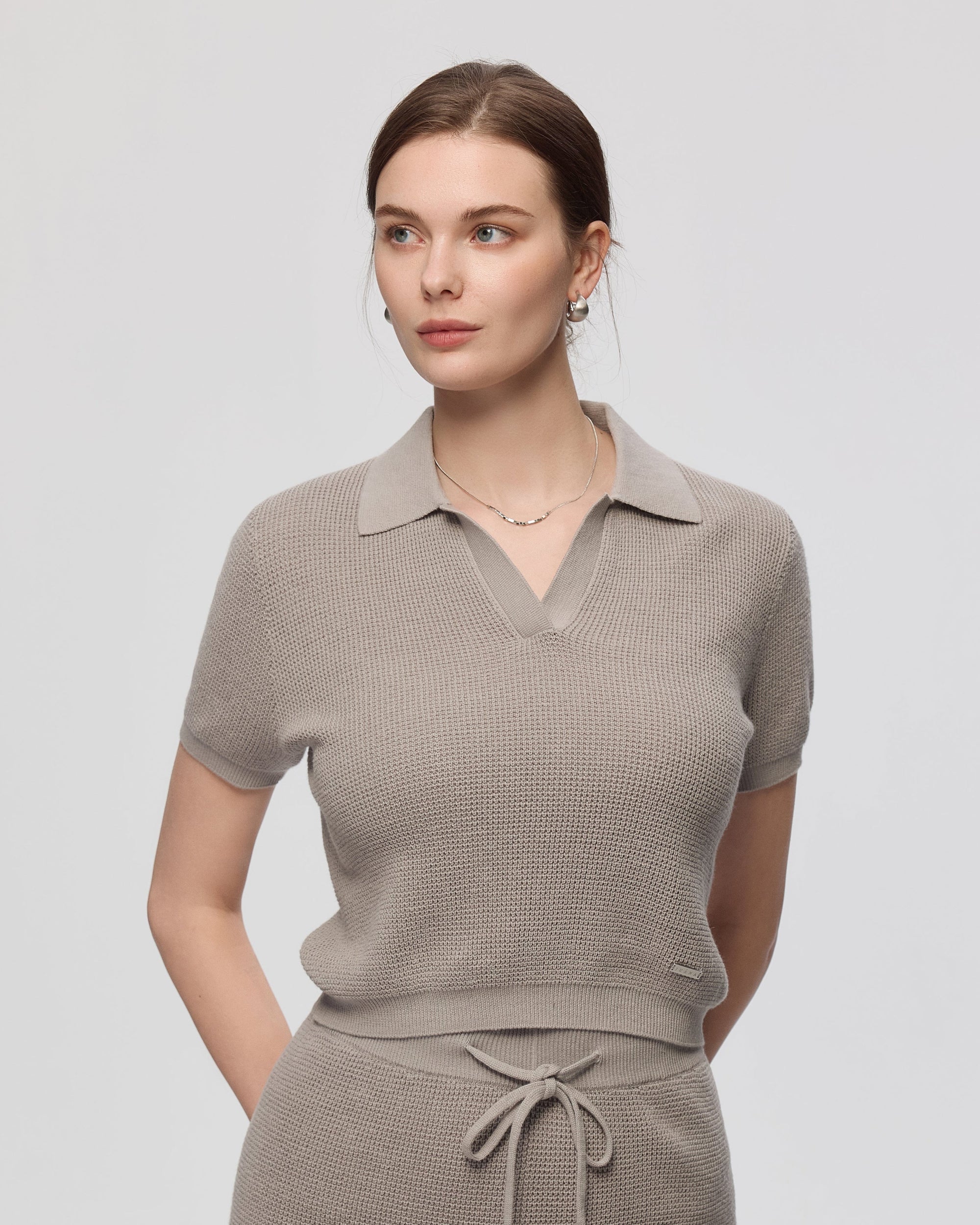Juana Noa Open Knit Top light gray (sustainable cotton–hemp) styled look highlighting cropped fit and airy knit