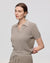 Juana Noa Open Knit Top light gray (sustainable cotton–hemp) on model featuring Johnny collar and open-knit texture