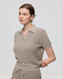 Juana Noa Open Knit Top light gray (sustainable cotton–hemp) on model featuring Johnny collar and open-knit texture