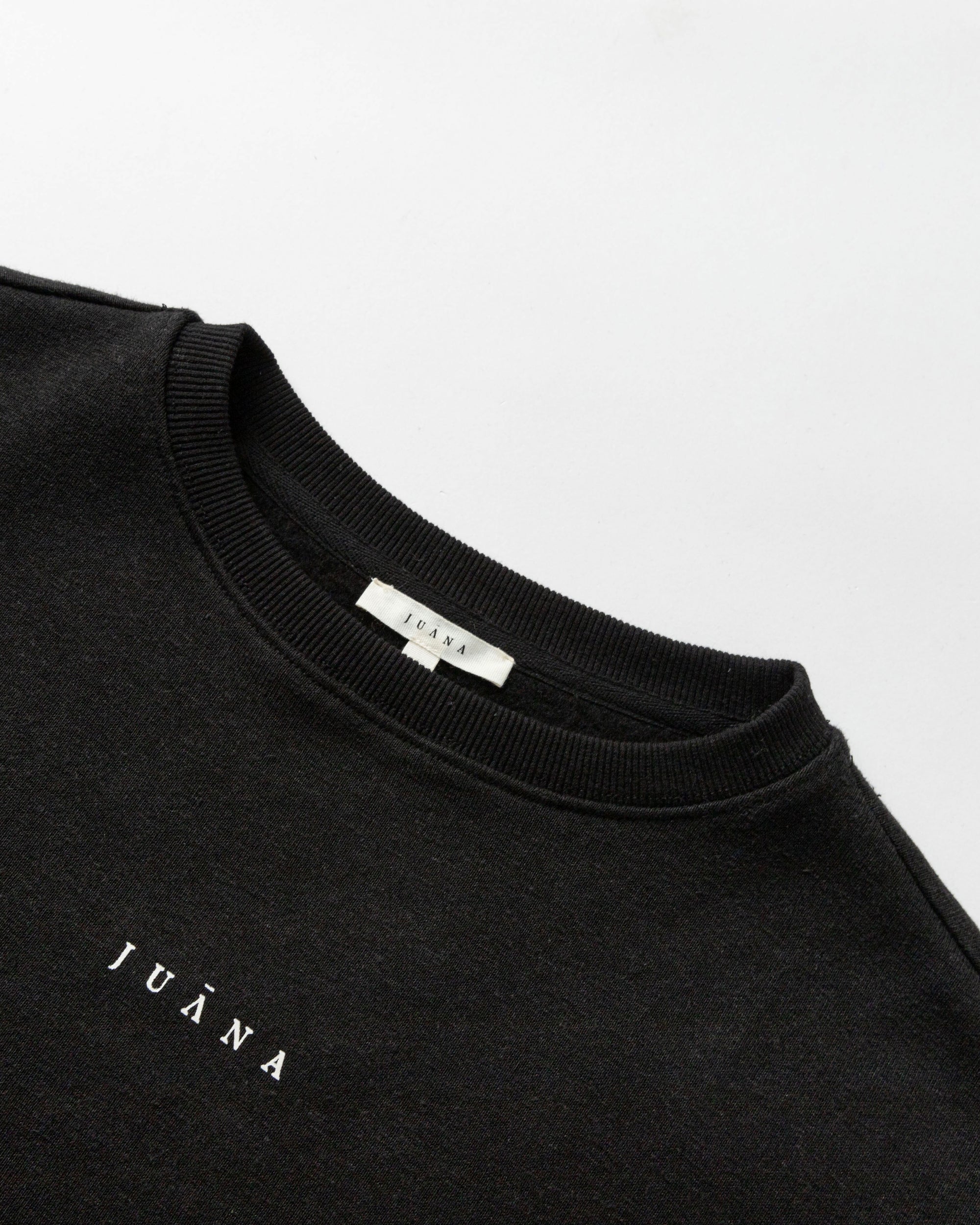 Detail shot of neckline, cuff, and knit texture on Off Hours Crewneck Sweater (back).