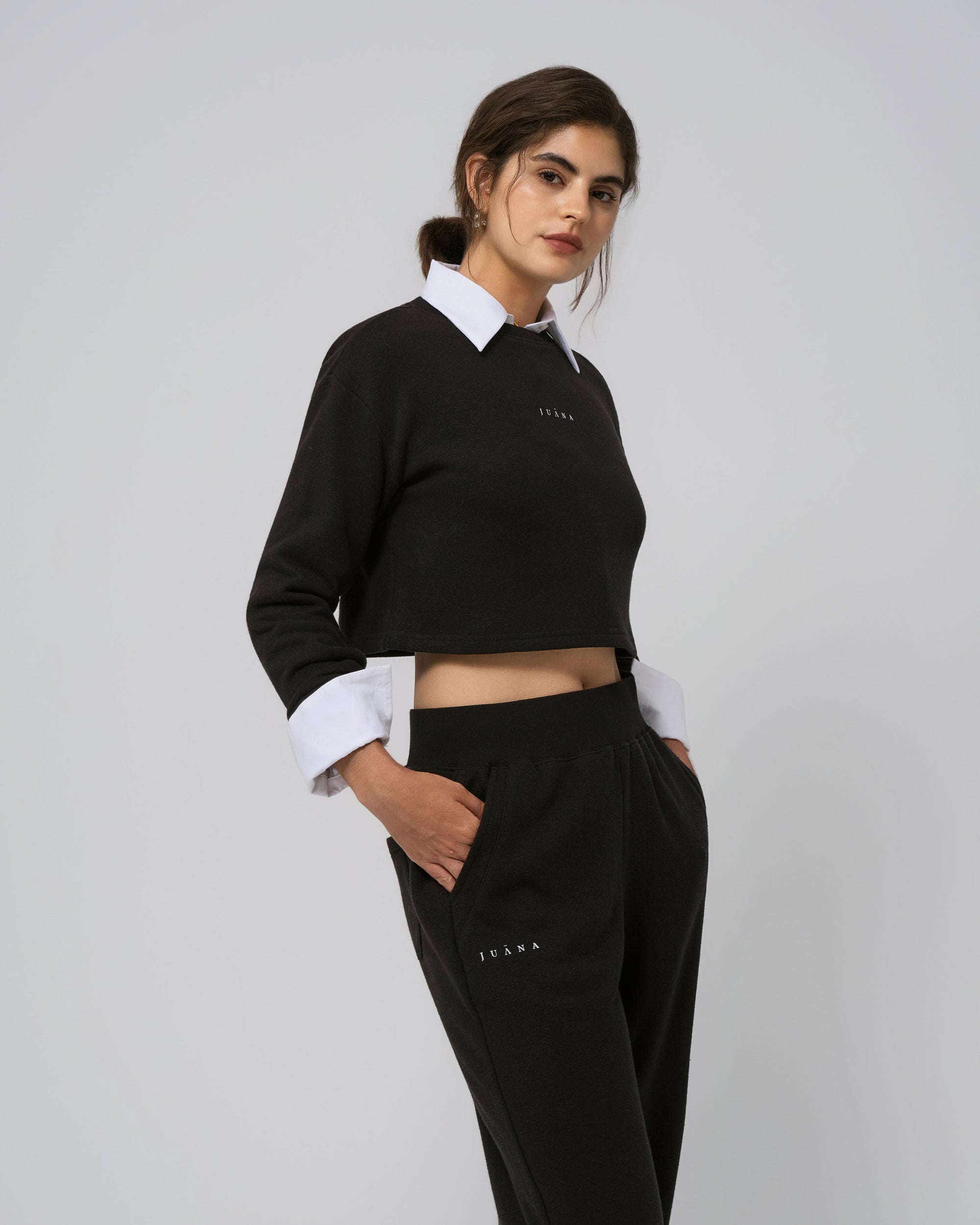 Model wearing Off Hours Crewneck Sweater in black (hemp–Tencel™); straight‑on front view.