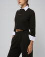 Side view of Off Hours Crewneck Sweater in black; relaxed shoulder profile and easy drape.