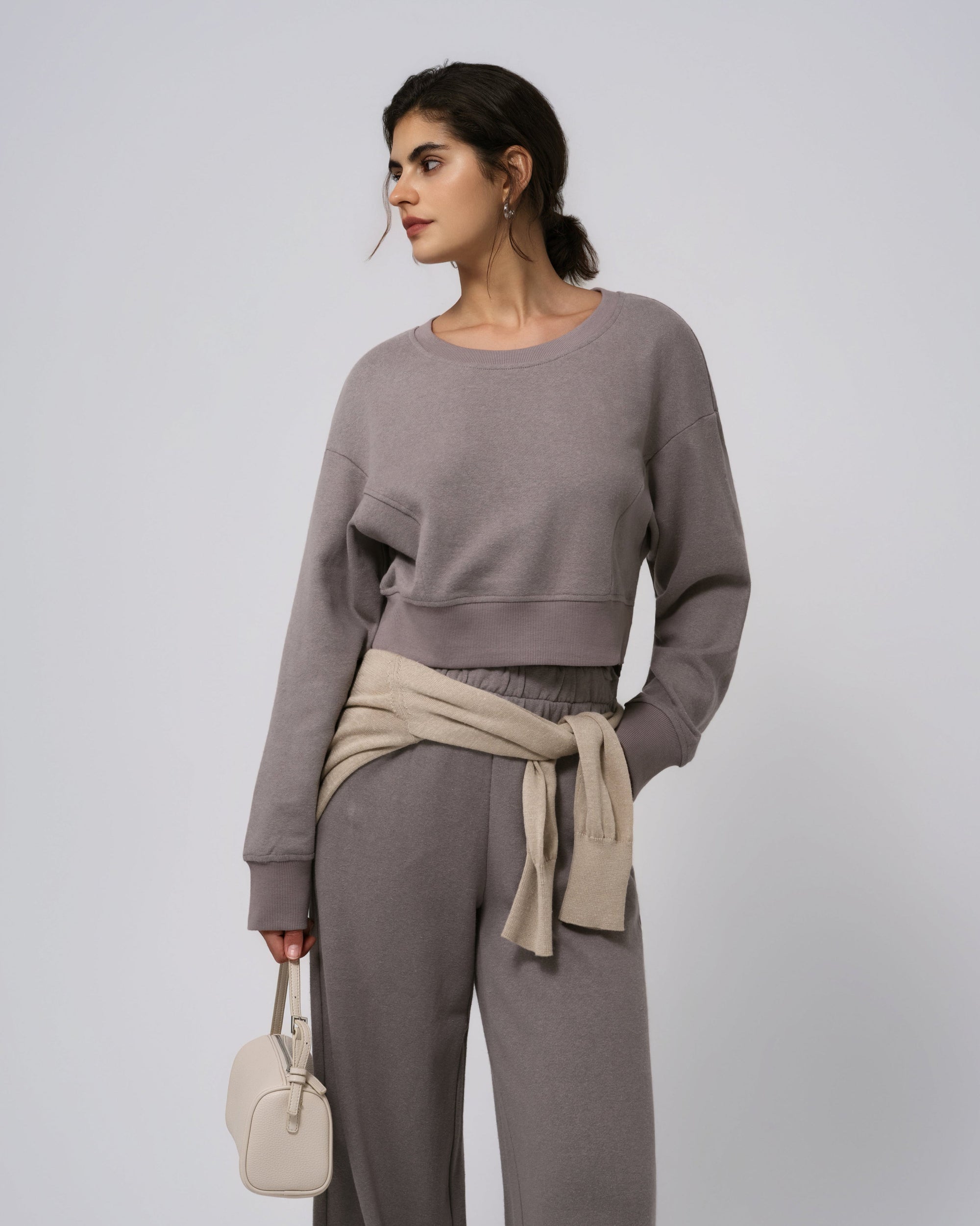 Full outfit featuring Off Hours Crewneck Sweater in gray; seasonless lounge‑to‑street styling.