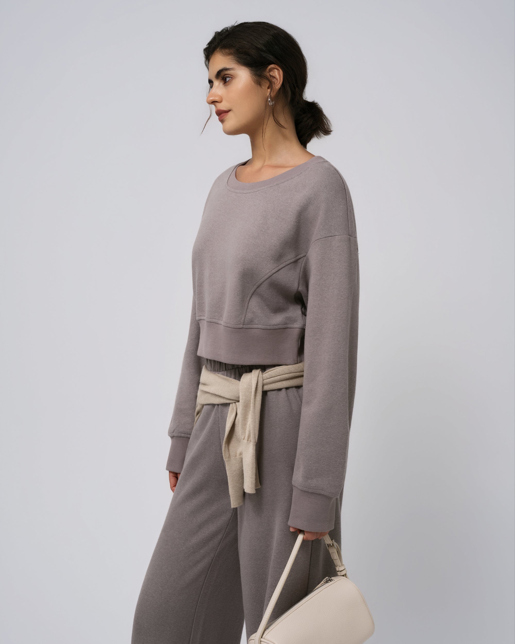 Side view of Off Hours Crewneck Sweater in gray; relaxed shoulder profile and easy drape.