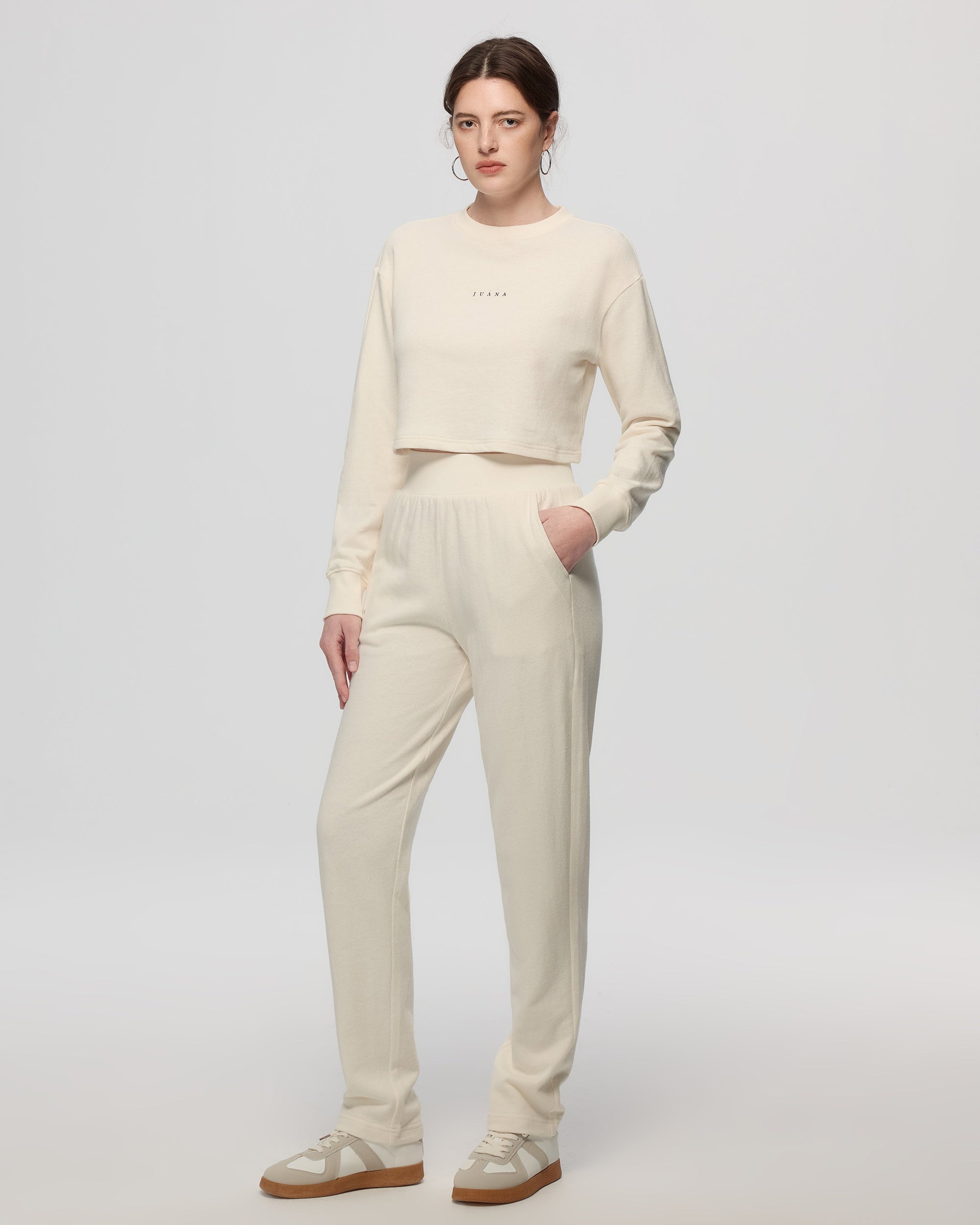 Juana Off Hours Natural Crewneck Sweater Cream (hemp–organic cotton) complete outfit styling full body
