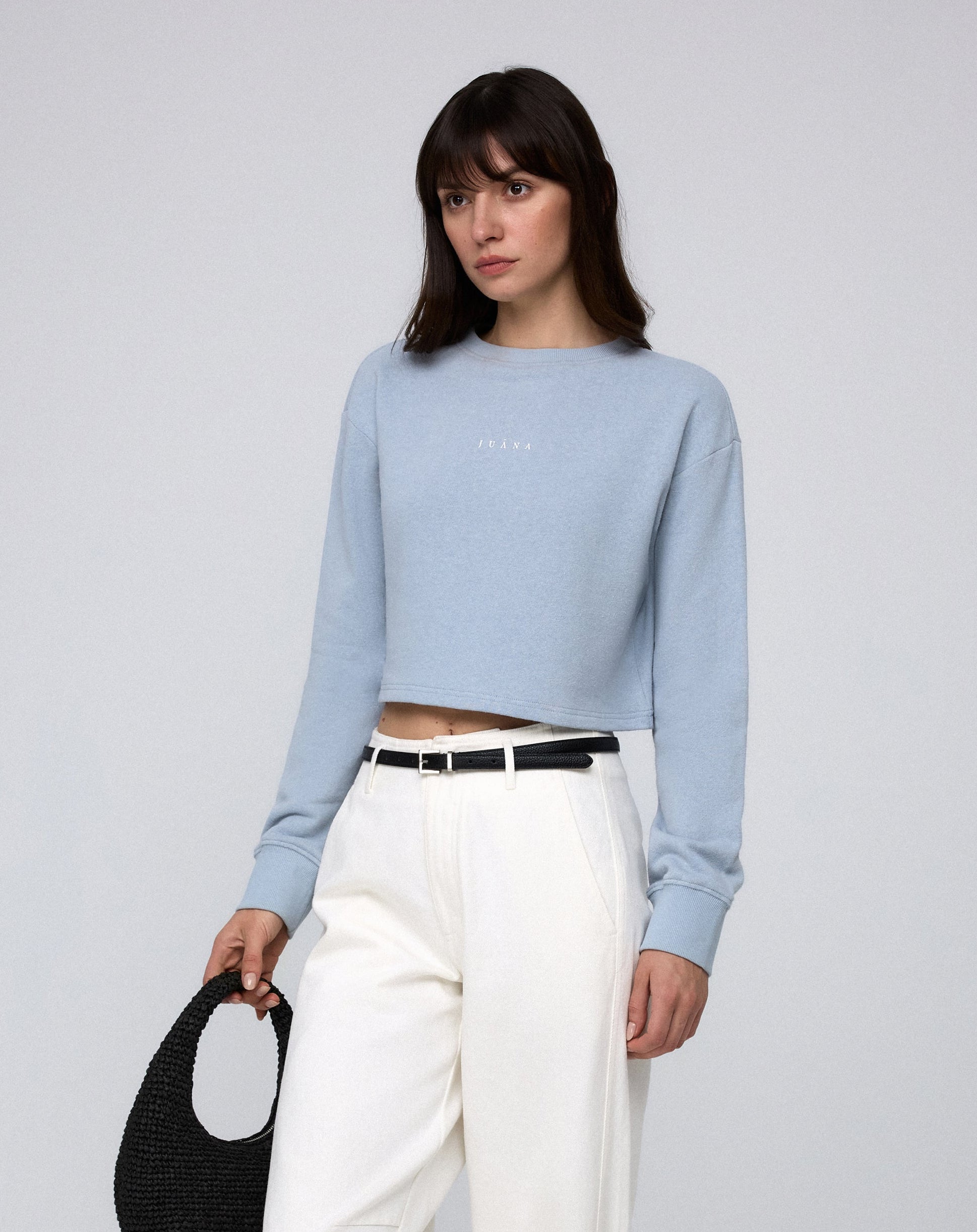 Juana Off Hours Natural Crewneck Sweater Light Blue (hemp–organic cotton) side view showing easy shape