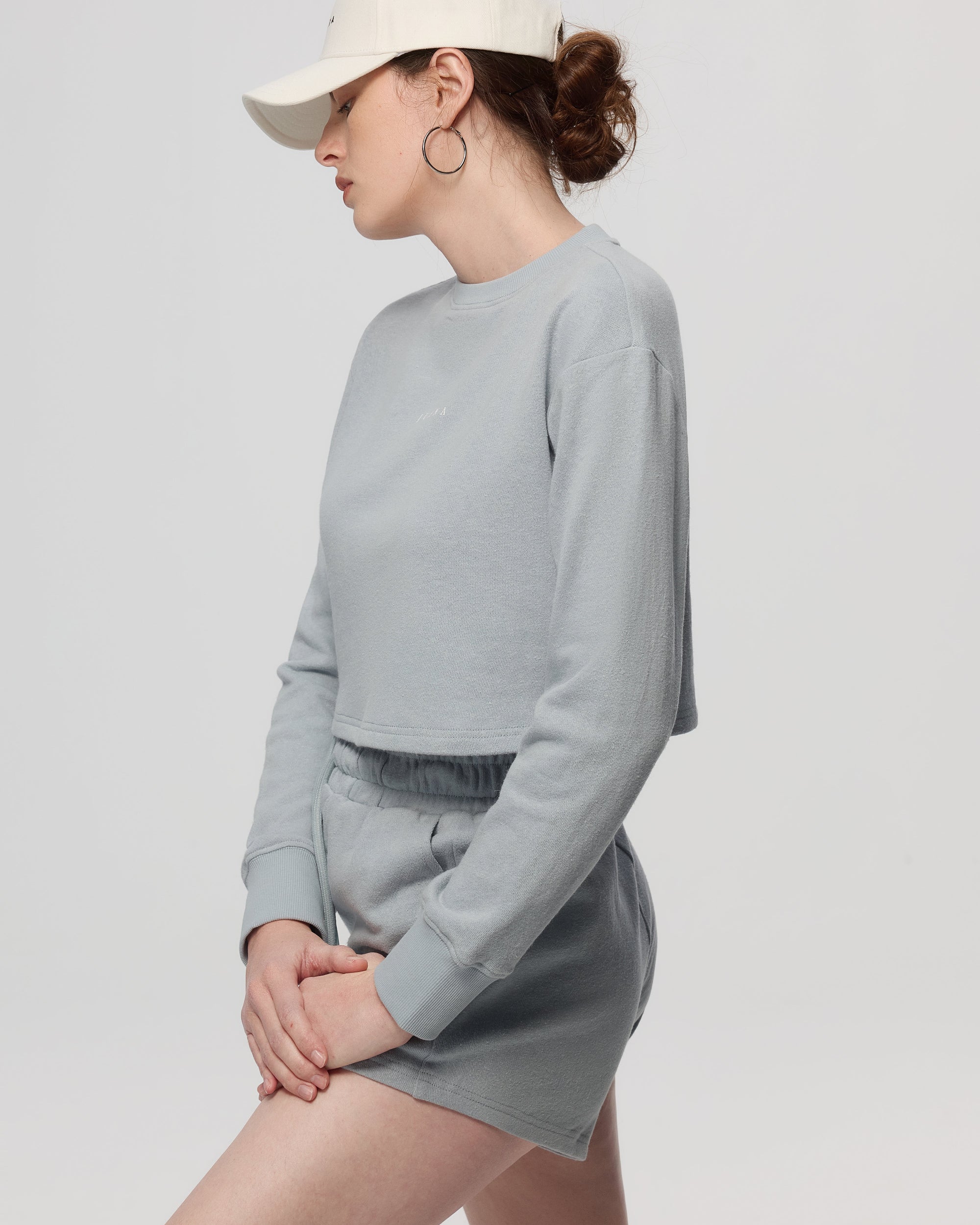 Juana Off Hours Natural Crewneck Sweater Light Blue (hemp–organic cotton) side view showing easy shape