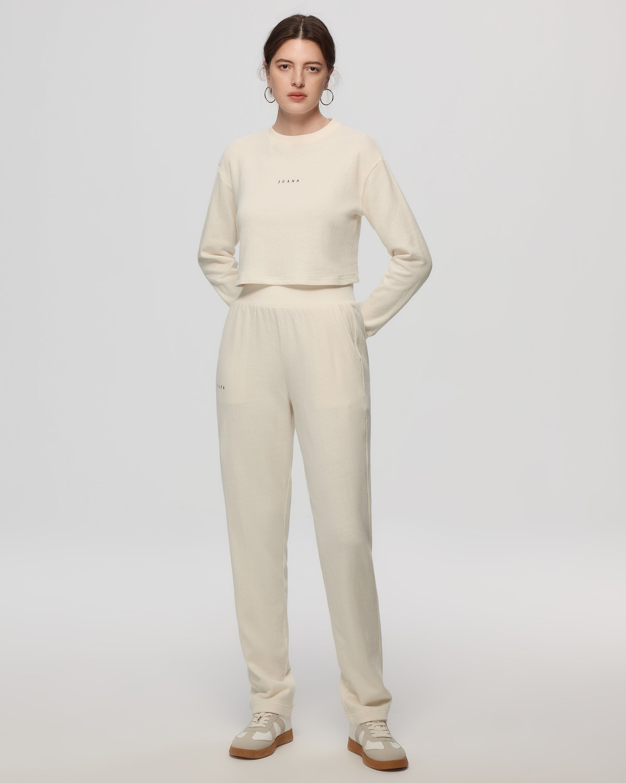 Juana Off Hours Natural Mid Rise Joggers cream (hemp–organic cotton) paired with matching set styling shown on model
