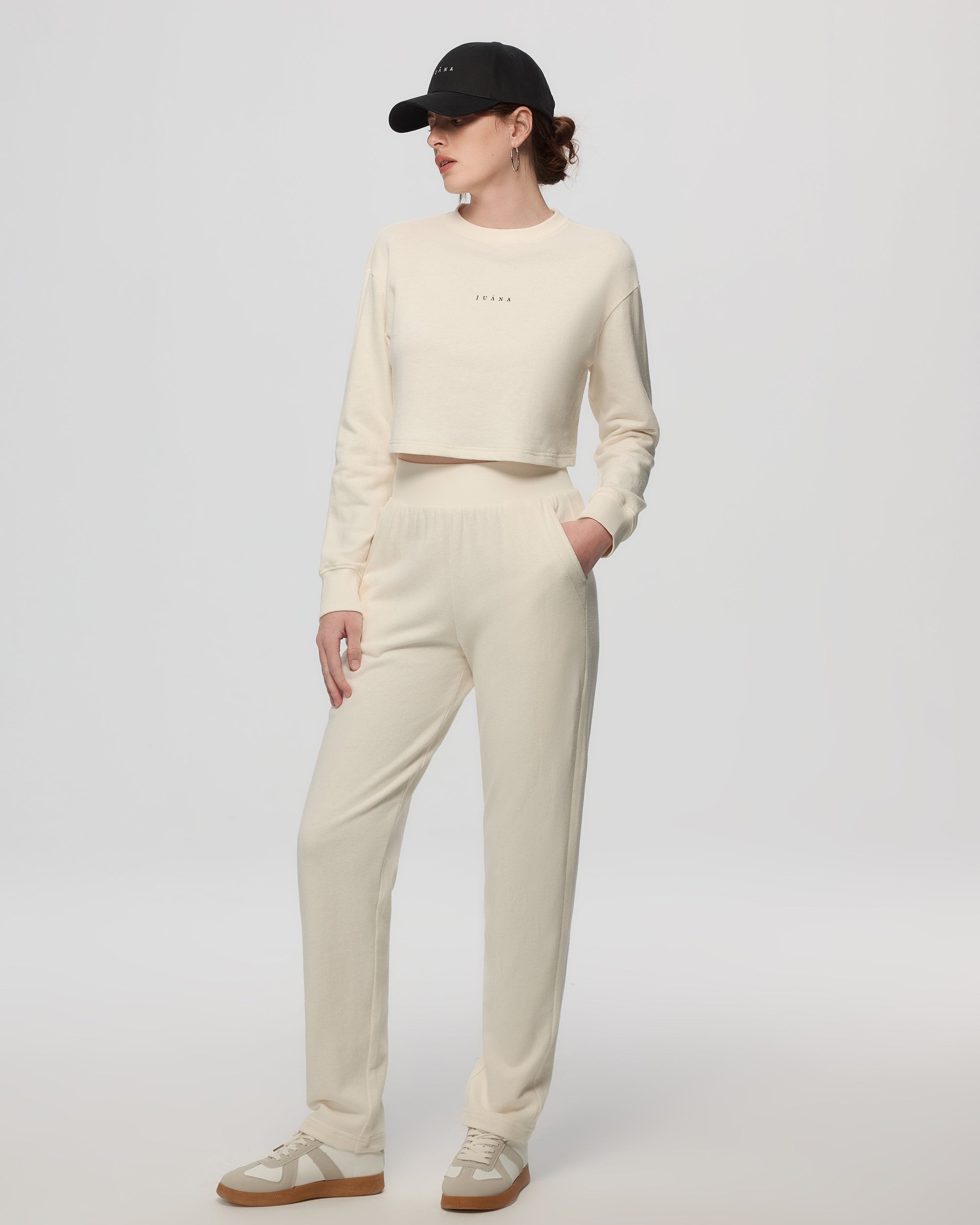 Juana Off Hours Natural Mid Rise Joggers cream (hemp–organic cotton) styled for everyday wear with tapered leg on model