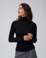 Detail shot of turtleneck collar, shoulder seam, and fine-gauge knit on Ossa Turtleneck (black).