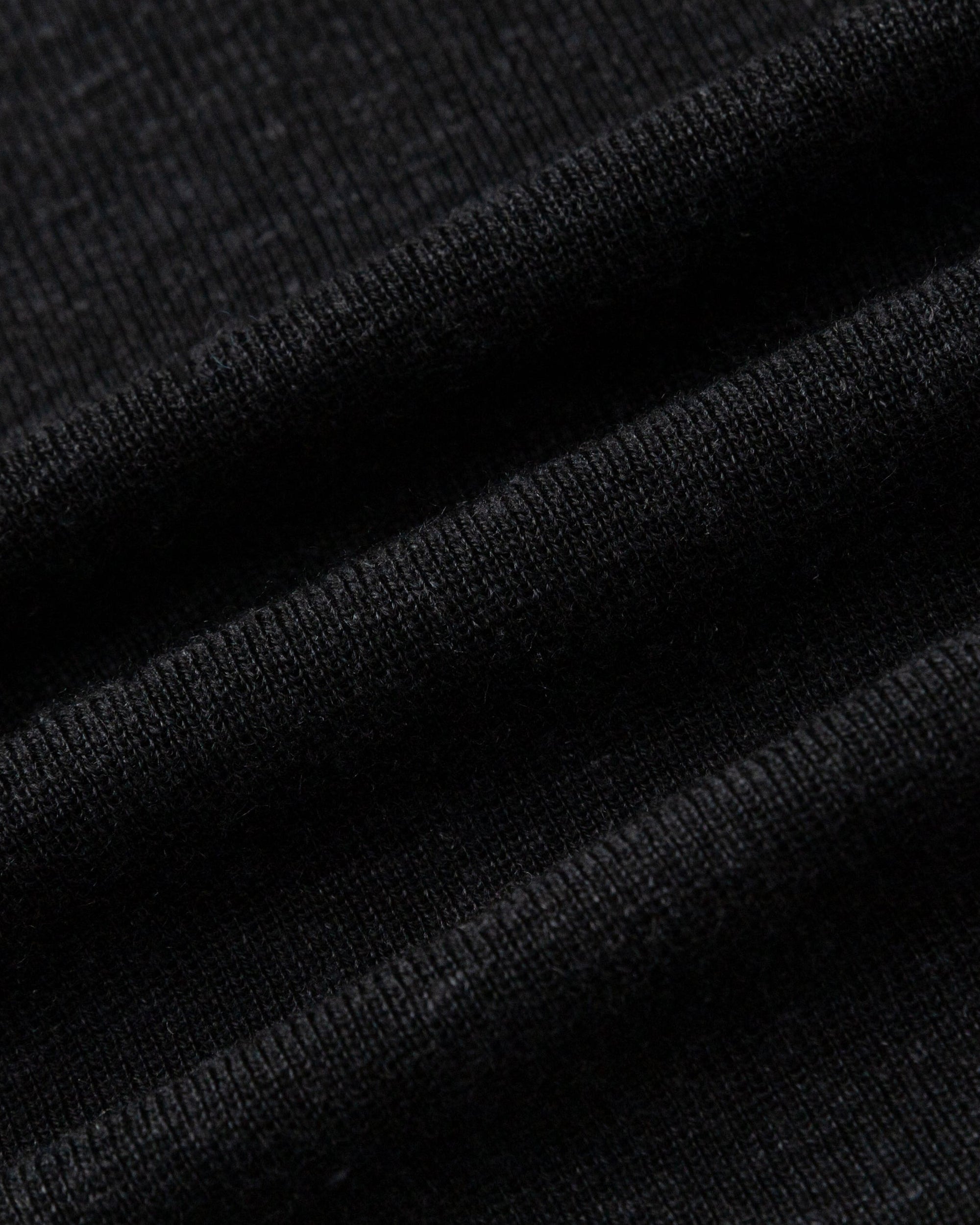 Close-up of merino–silk–hemp knit of the Ossa Turtleneck (black), highlighting breathable, luxe texture.