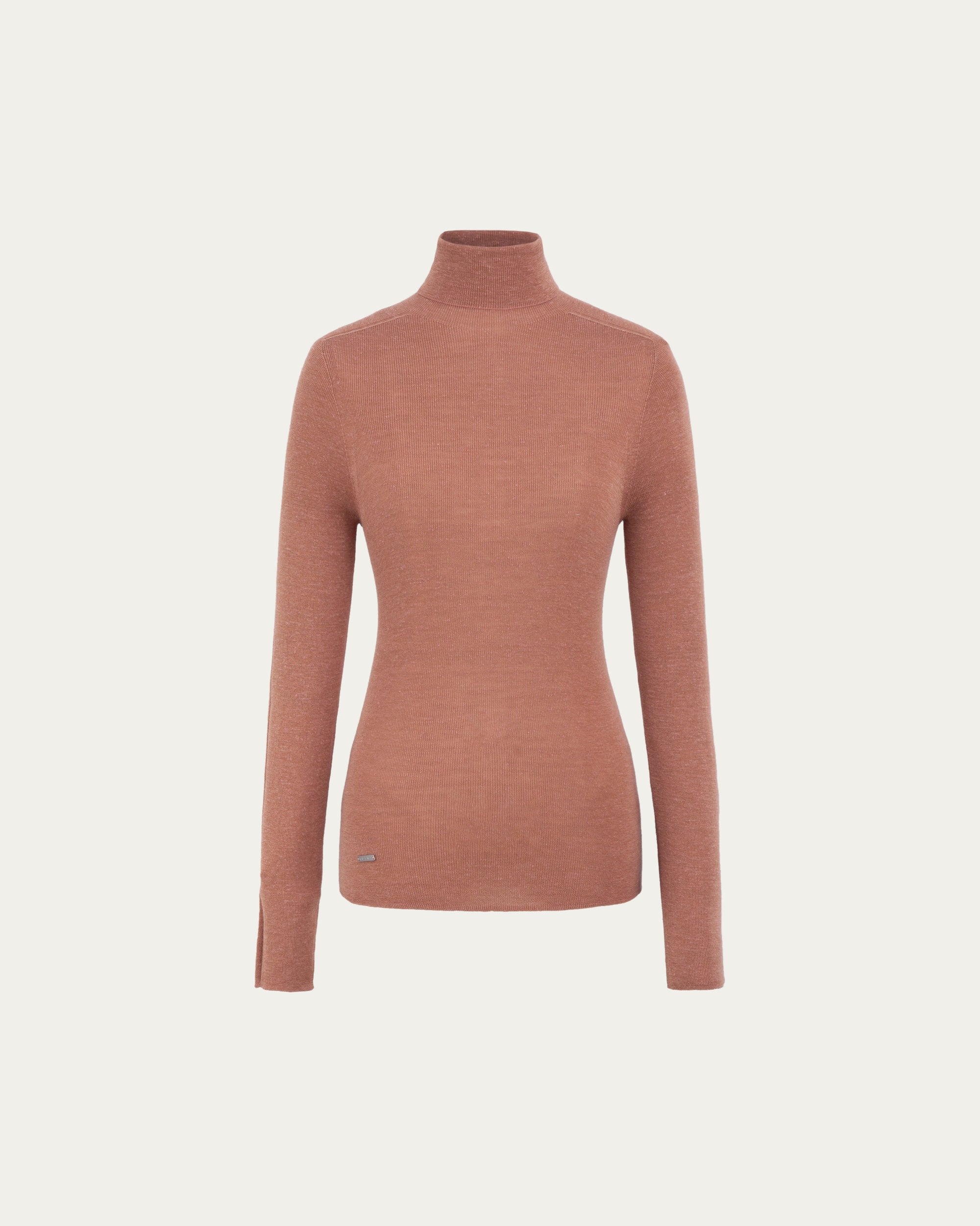 Ossa Knitted Hemp Turtleneck (Mocha Mousse) on ghost mannequin, front view highlighting clean neckline and smooth drape.