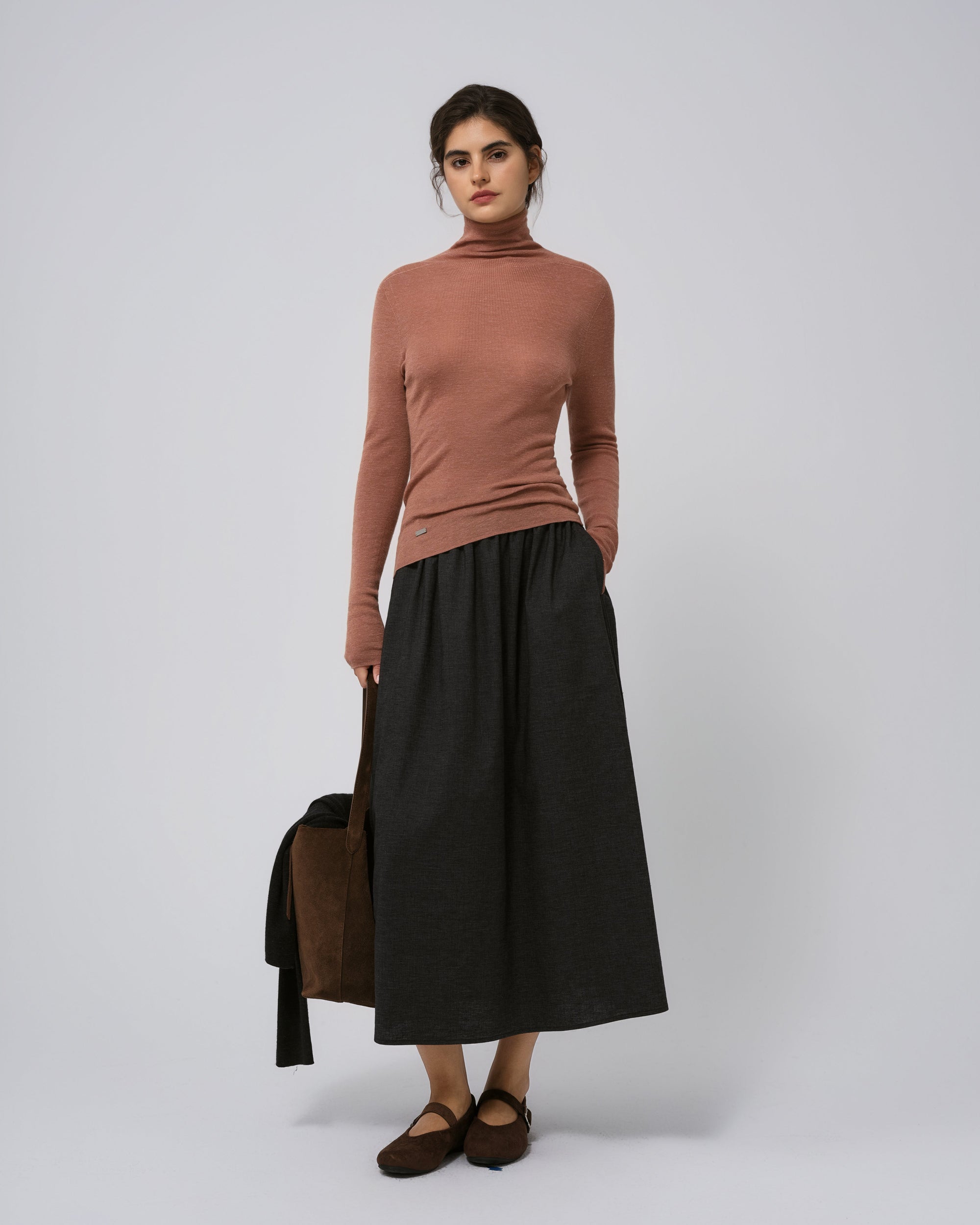 Full-body view of Ossa Turtleneck (Mocha Mousse) styled head-to-toe for sustainable everyday wear.