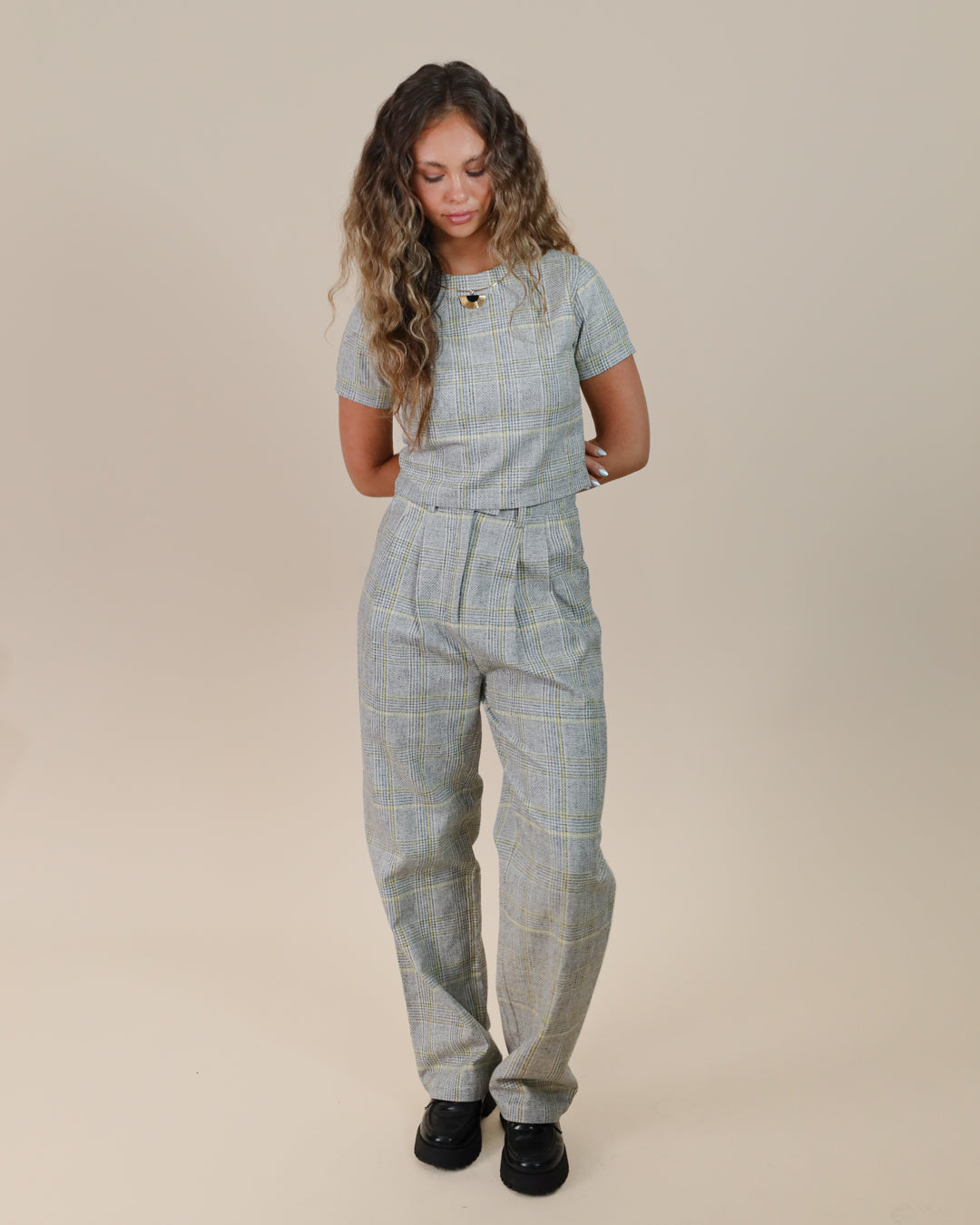 Full-body view of Juana Plaid Theory High Rise Trousers with matching plaid top for a coordinated outfit.