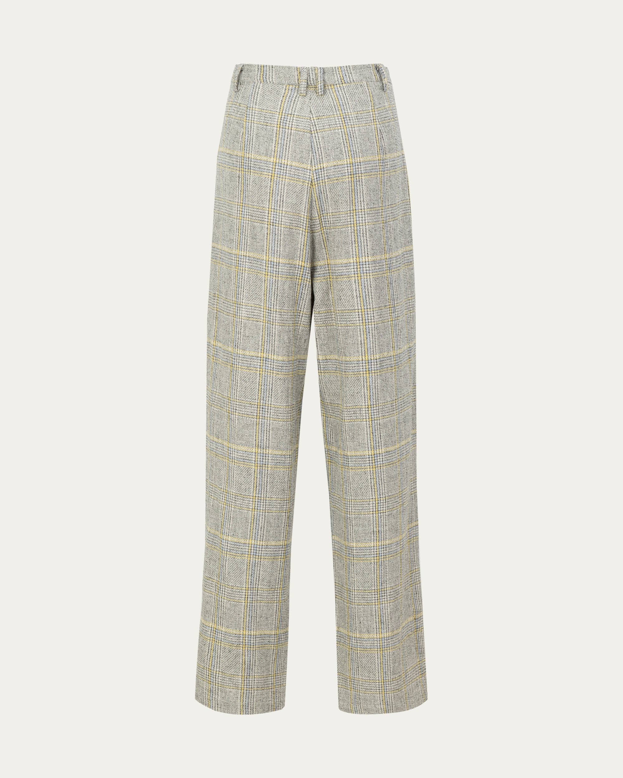 Plaid Theory High Rise Trousers (yellow-grey plaid) on ghost mannequin, back view showing drape and pattern matching.