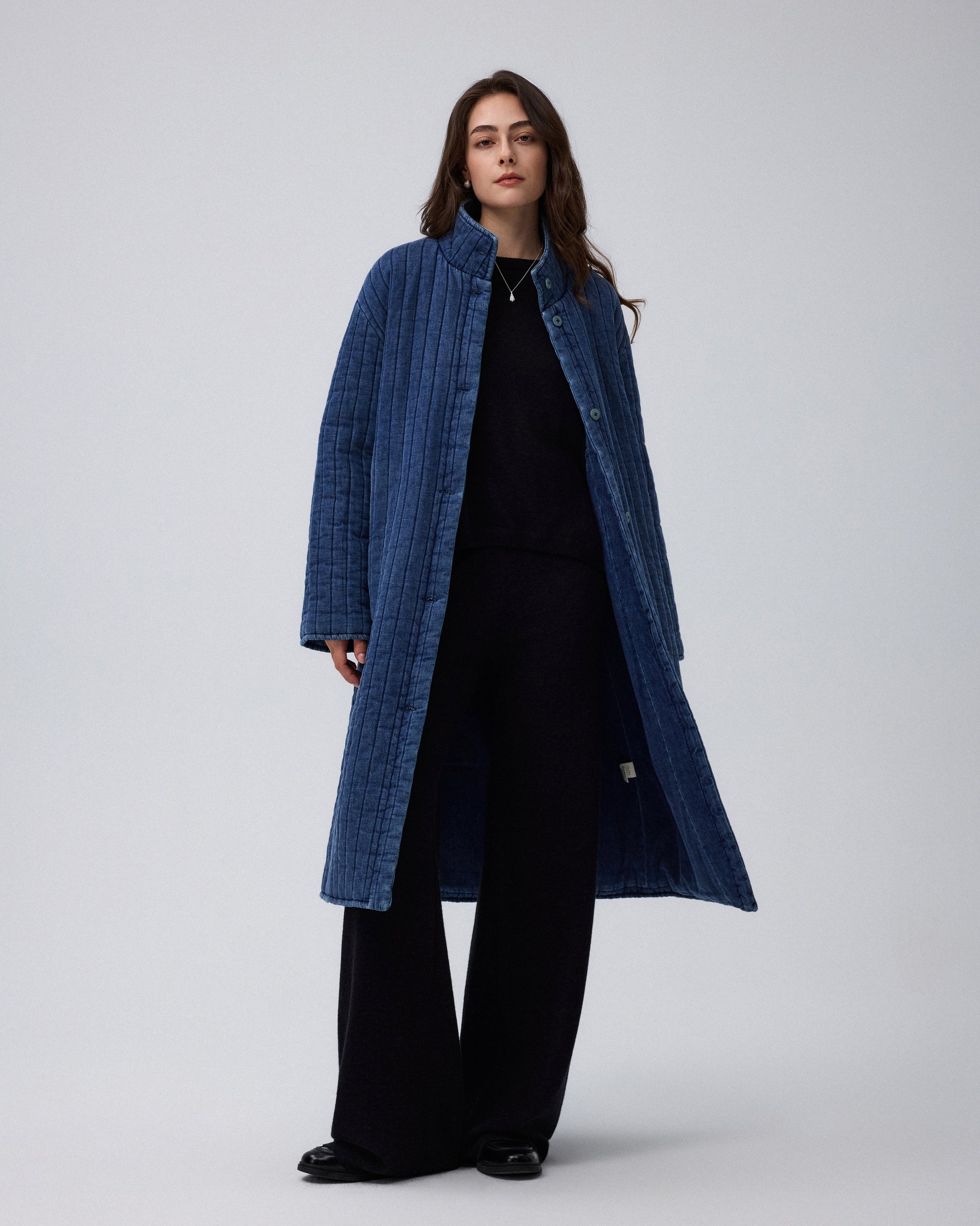 Juana Quilted Denim Jacket in Indigo Wash (organic cotton–hemp) worn in a second layered look highlighting the true-to-size silhouette.